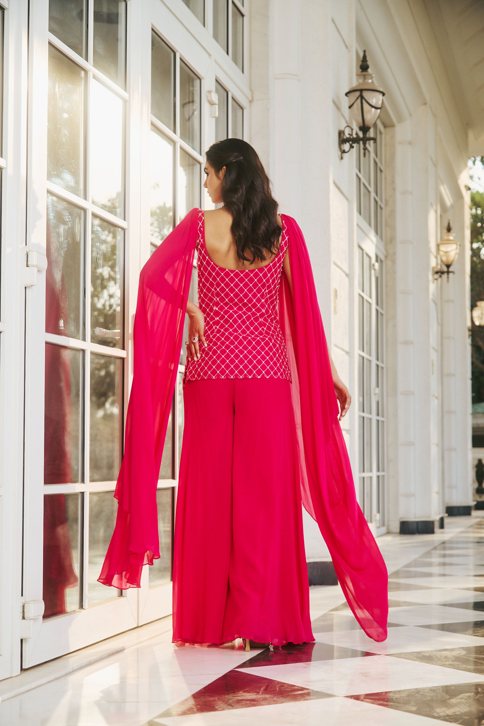 Hand-Embroidered Glass Pearls Draped Kurta with Fluid Trousers