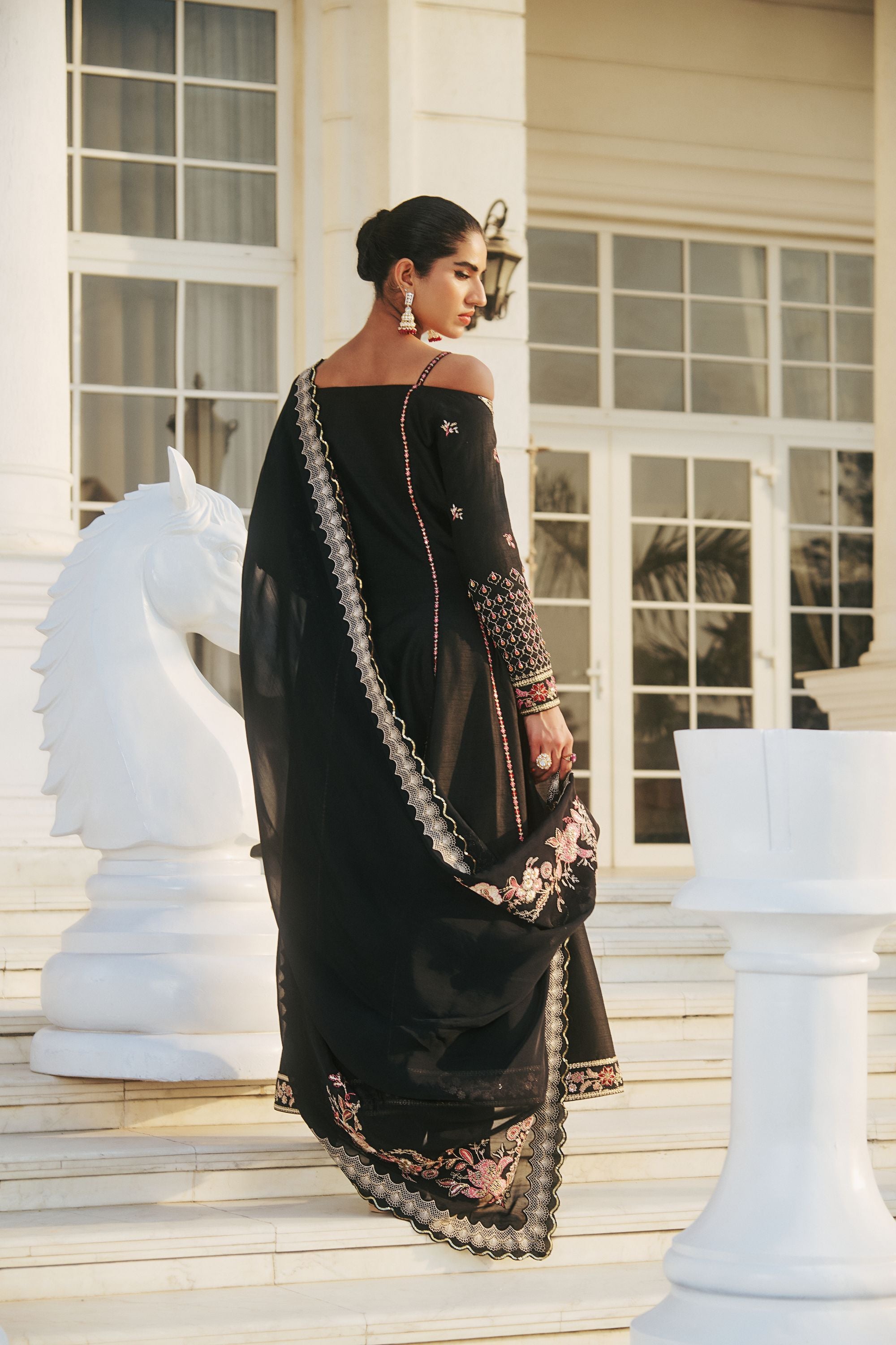 Hand Embroidered Off Shoulder Anarkali with Scallop Dupatta - Black