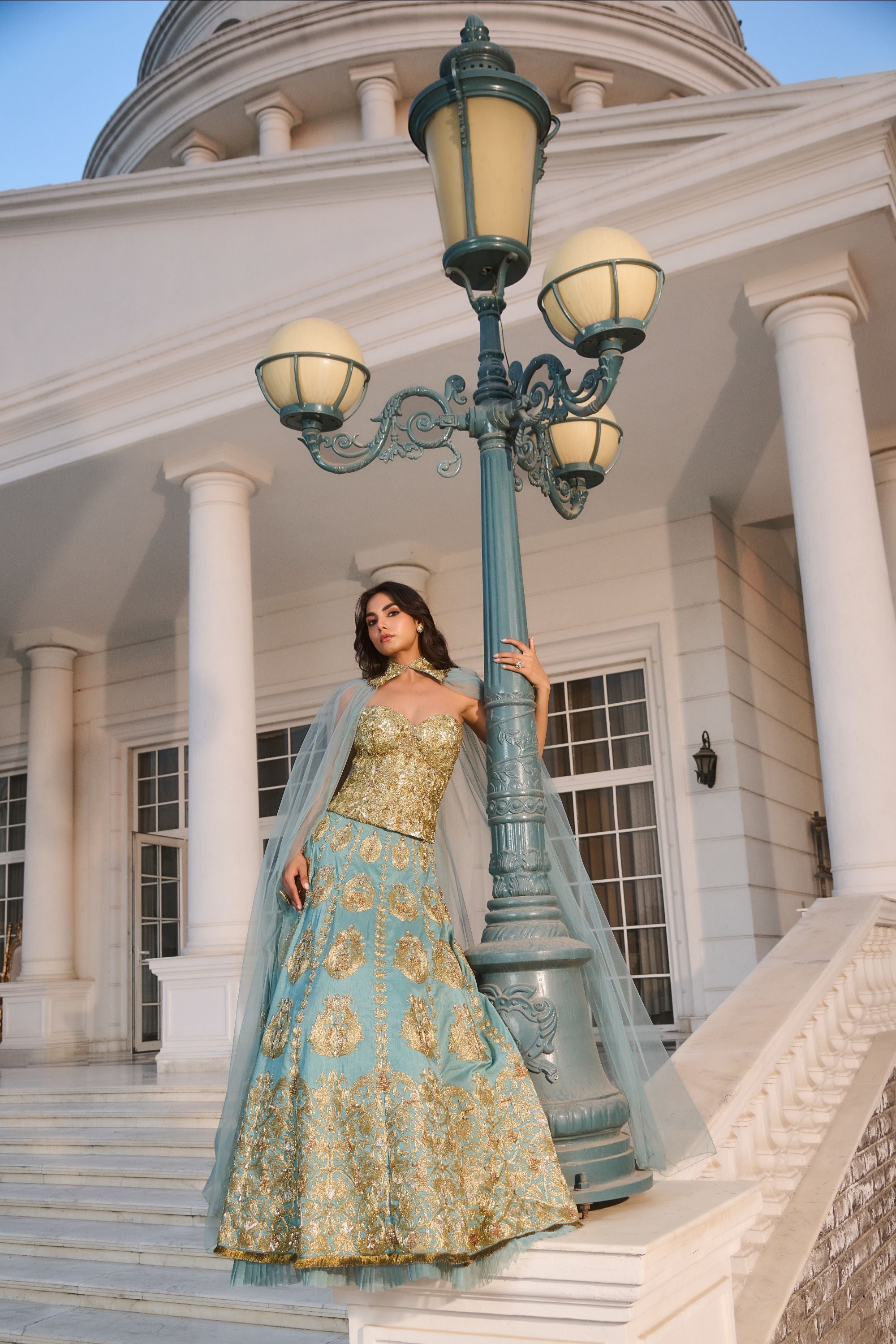 Aqua Blue Hand Embroidered and Dori-work Corset with Lehenga