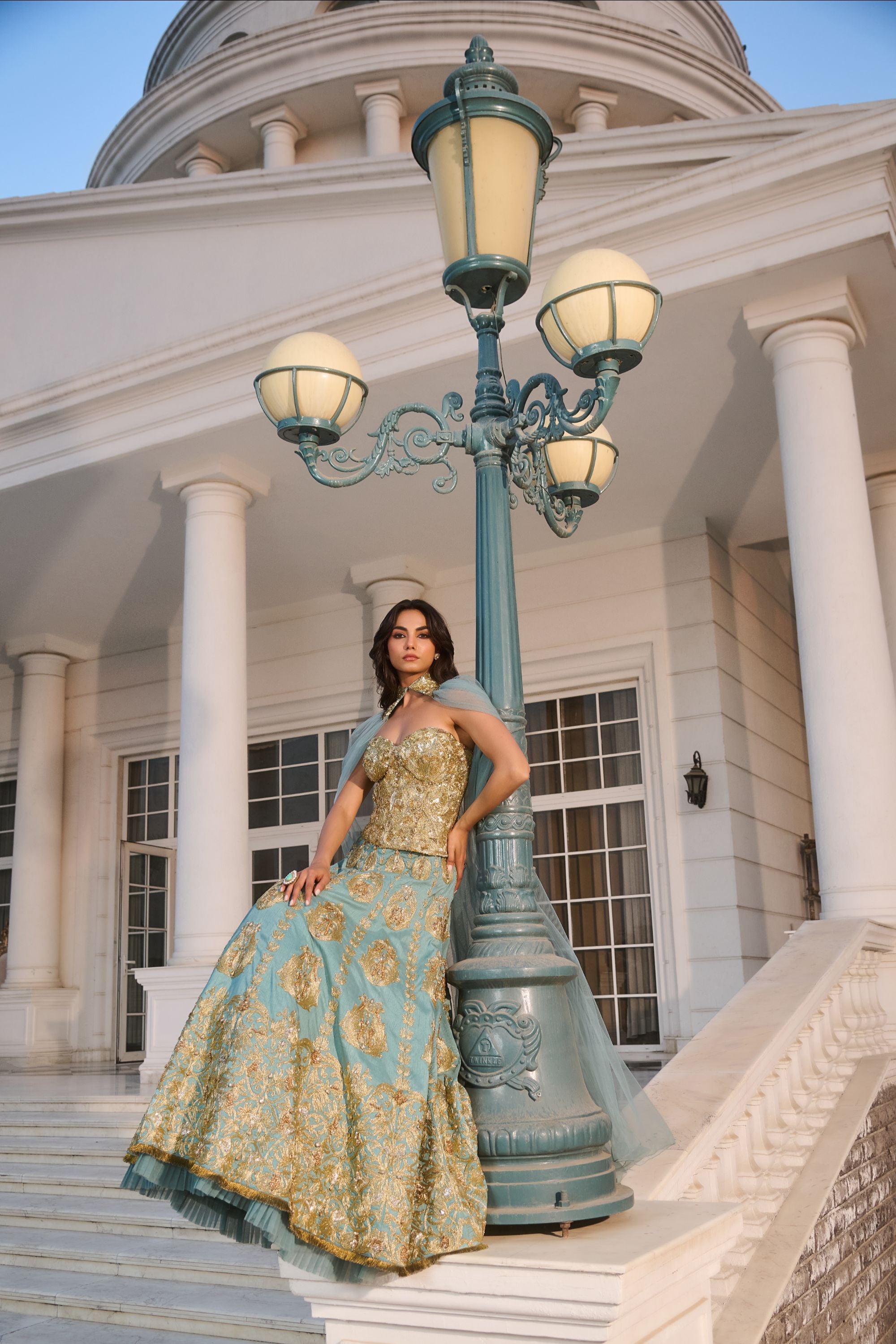 Aqua Blue Hand Embroidered and Dori-work Corset with Lehenga