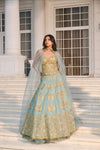 Aqua Blue Hand Embroidered and Dori-work Corset with Lehenga