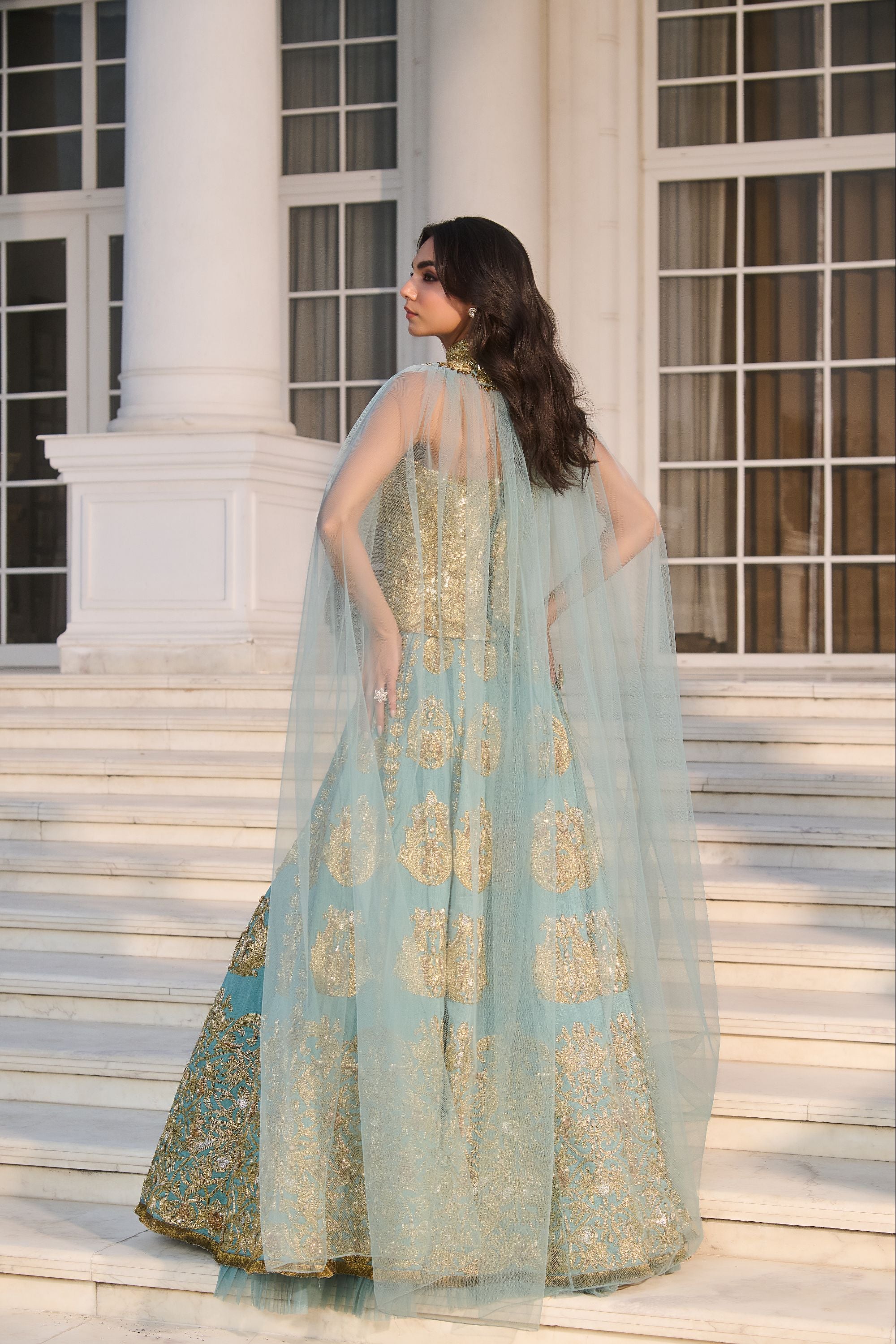 Aqua Blue Hand Embroidered and Dori-work Corset with Lehenga