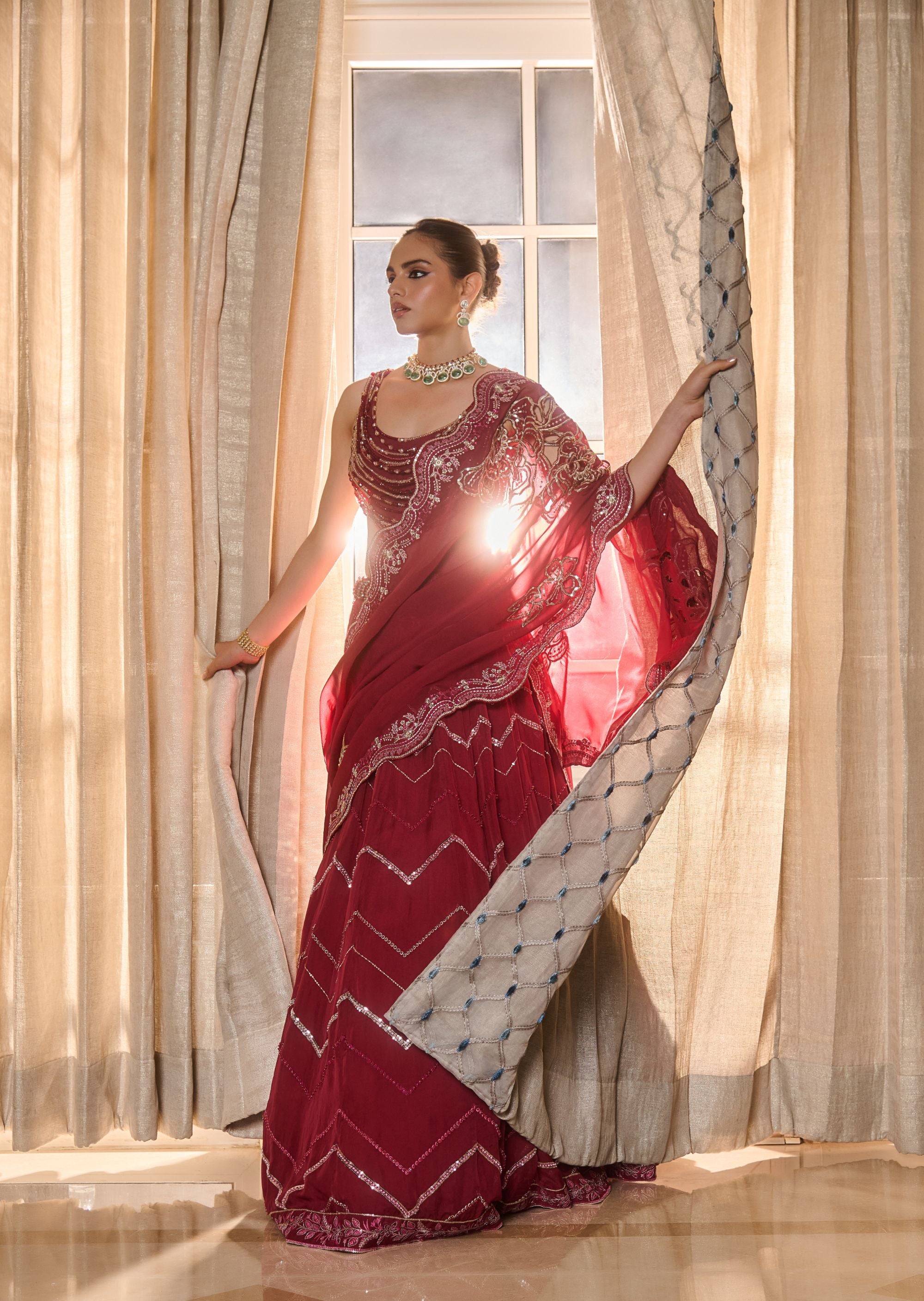 Hand Embelished Crystal Embroidered Lehenga and Dupatta - Red wine