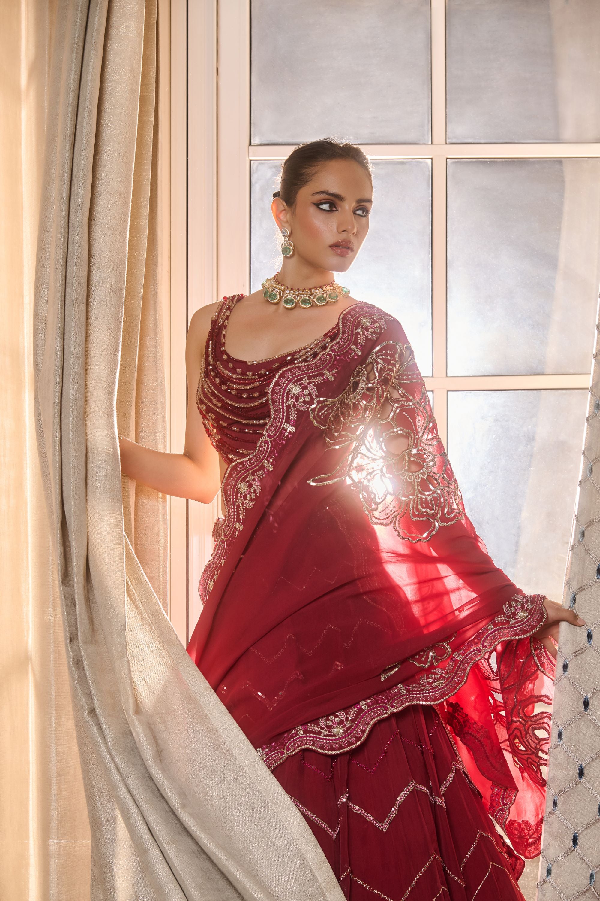 Hand Embelished Crystal Embroidered Lehenga and Dupatta - Red wine