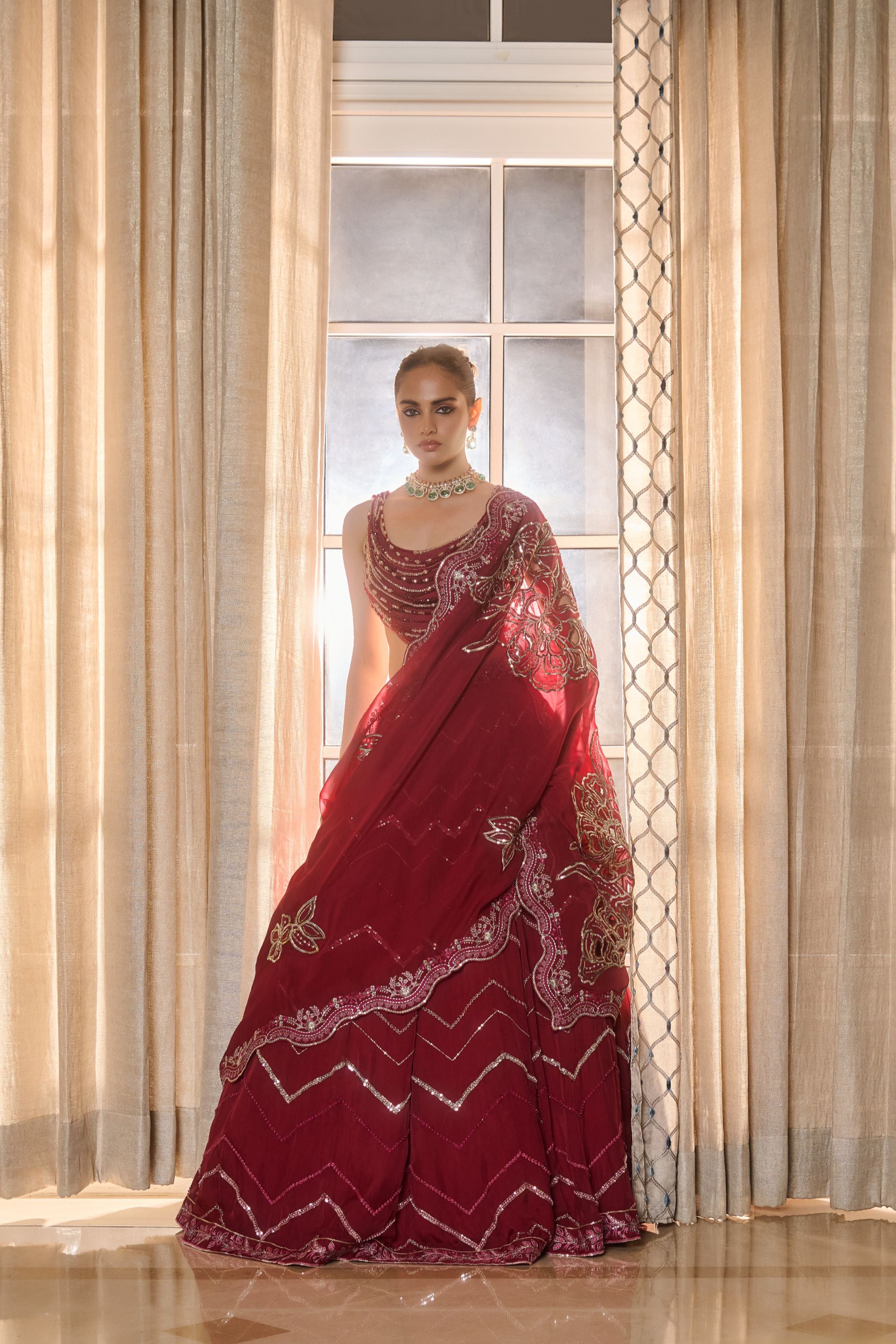 Hand Embelished Crystal Embroidered Lehenga and Dupatta - Red wine