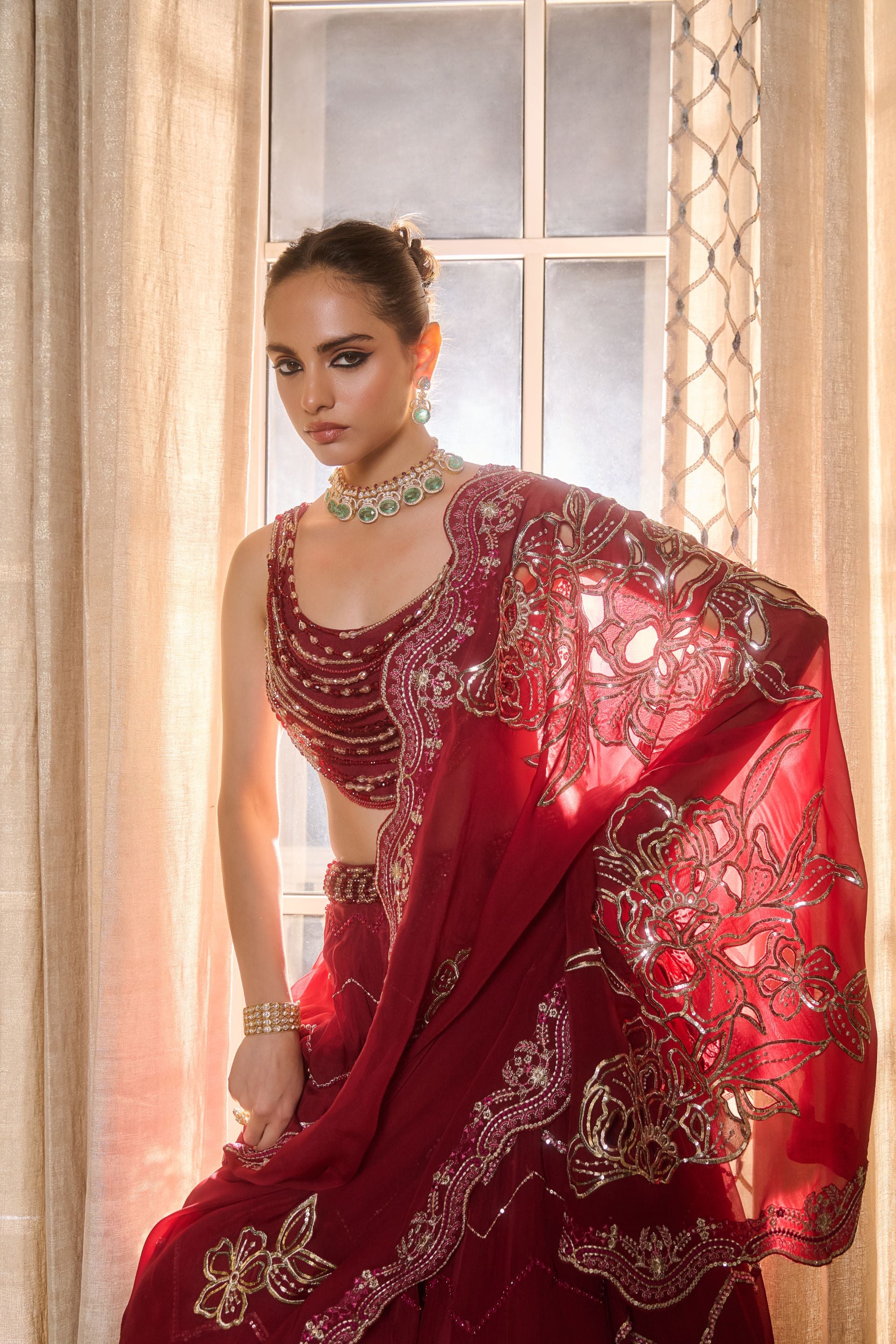 Hand Embelished Crystal Embroidered Lehenga and Dupatta - Red wine