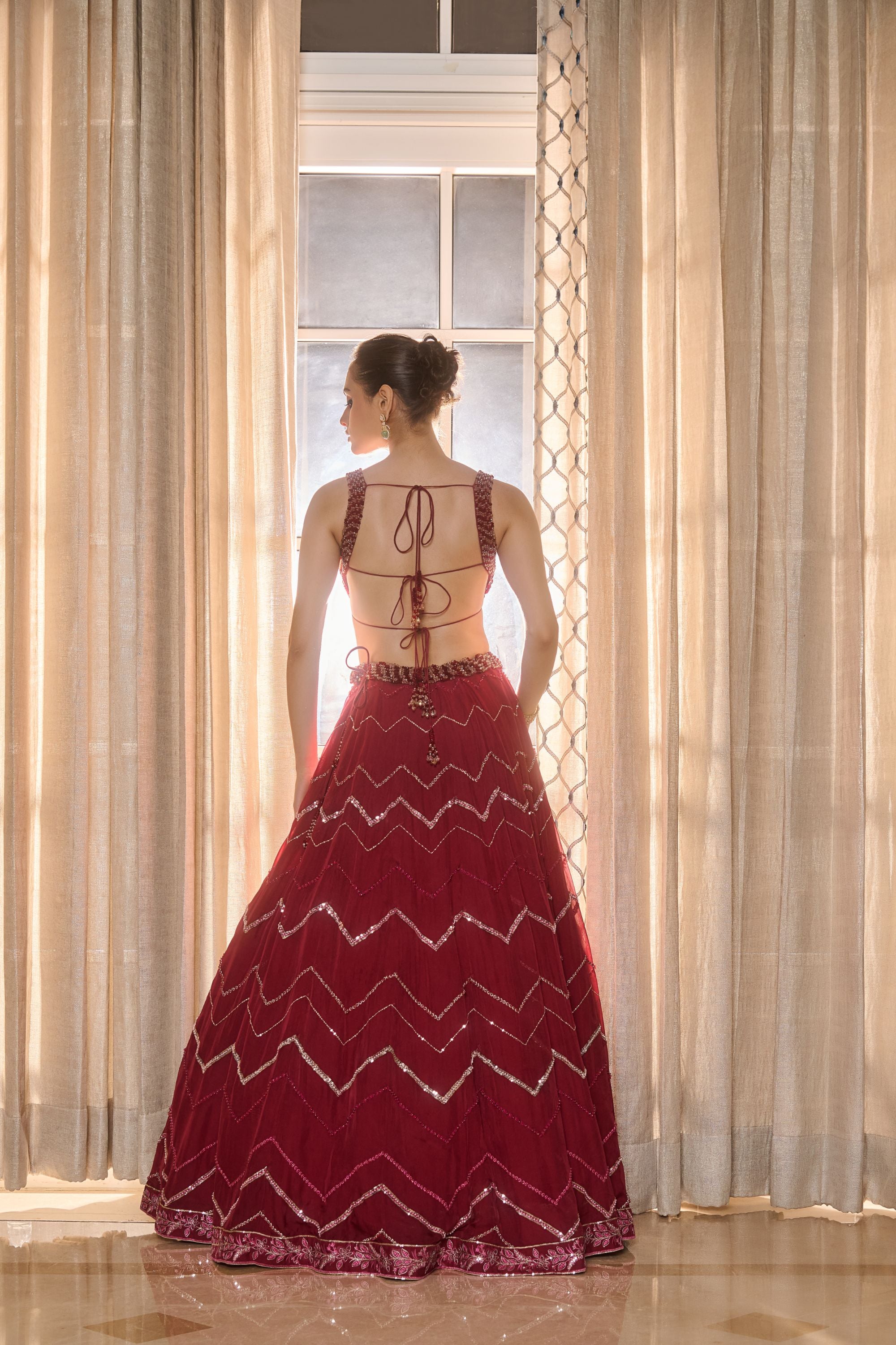 Hand Embelished Crystal Embroidered Lehenga and Dupatta - Red wine