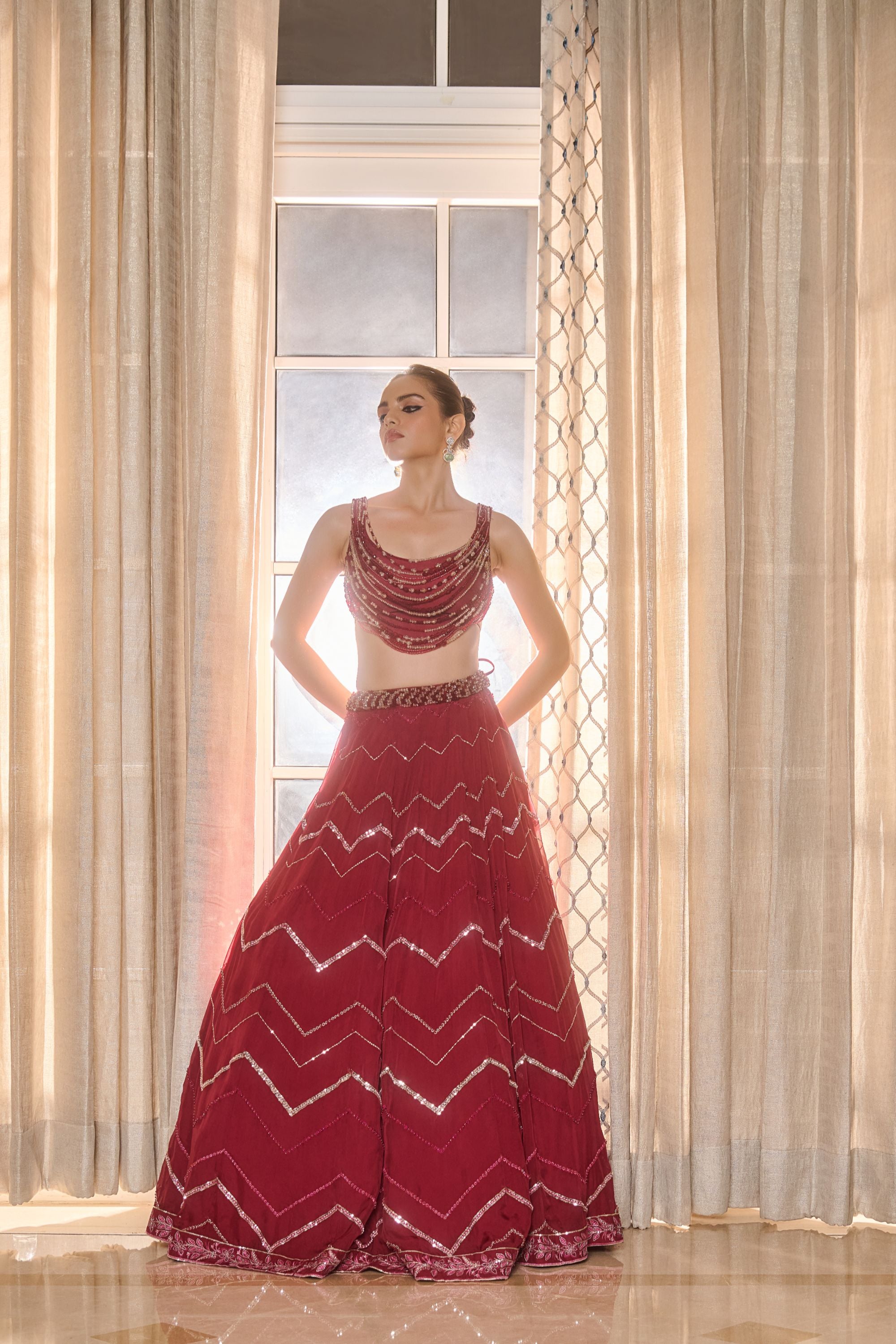 Hand Embelished Crystal Embroidered Lehenga and Dupatta - Red wine