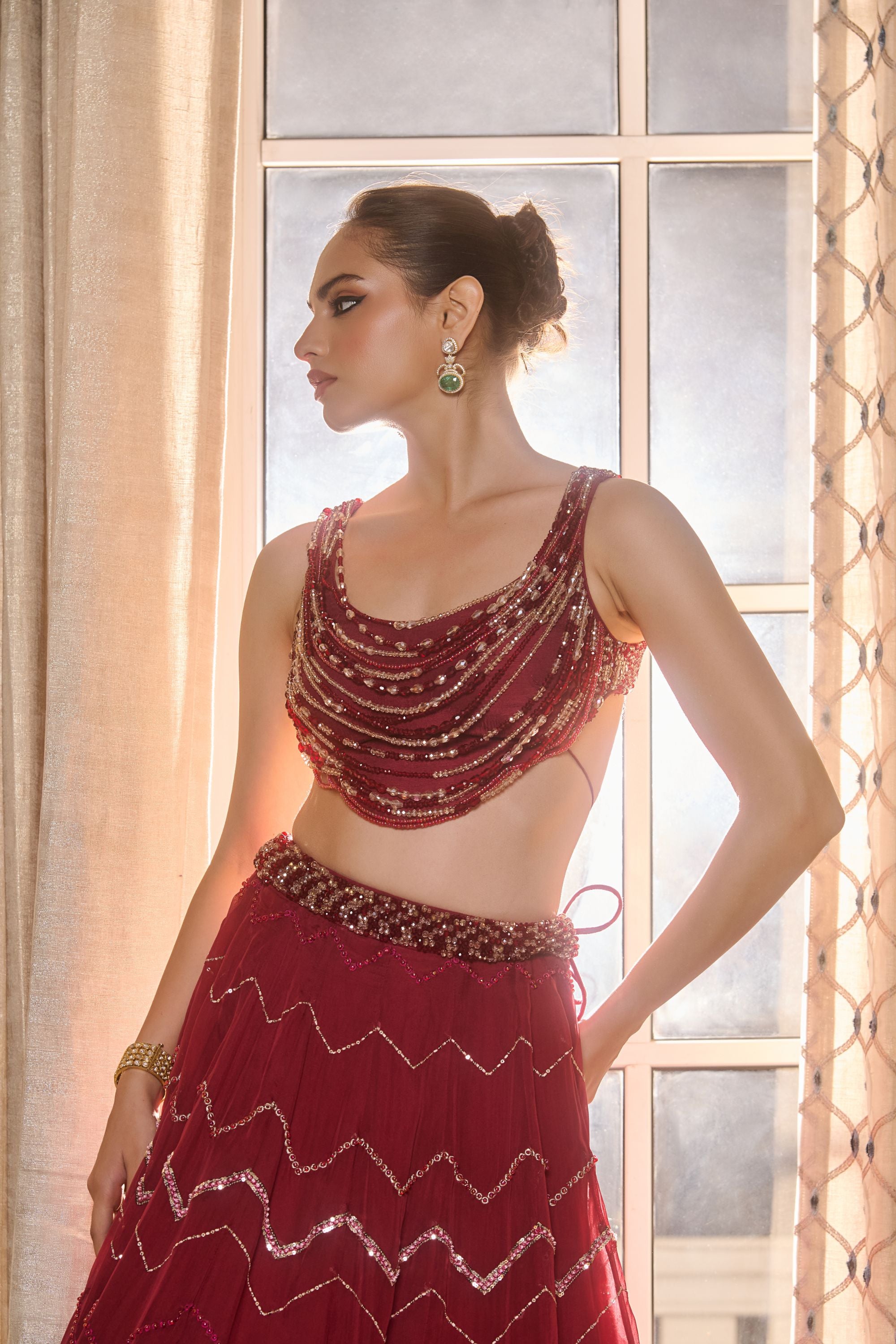 Hand Embelished Crystal Embroidered Lehenga and Dupatta - Red wine
