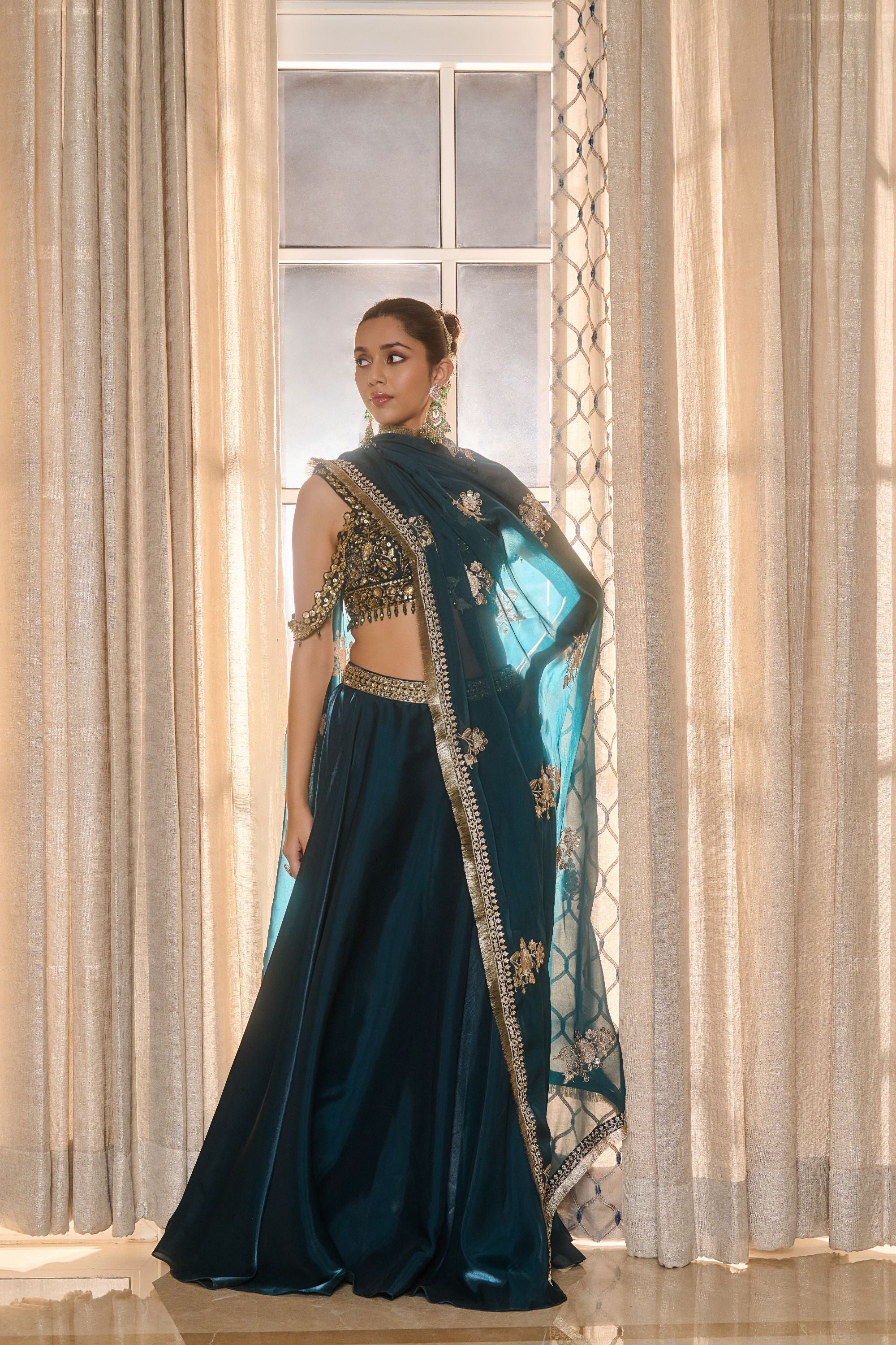 Hand Embroidered Lehenga with Dupatta  - Emrald Green