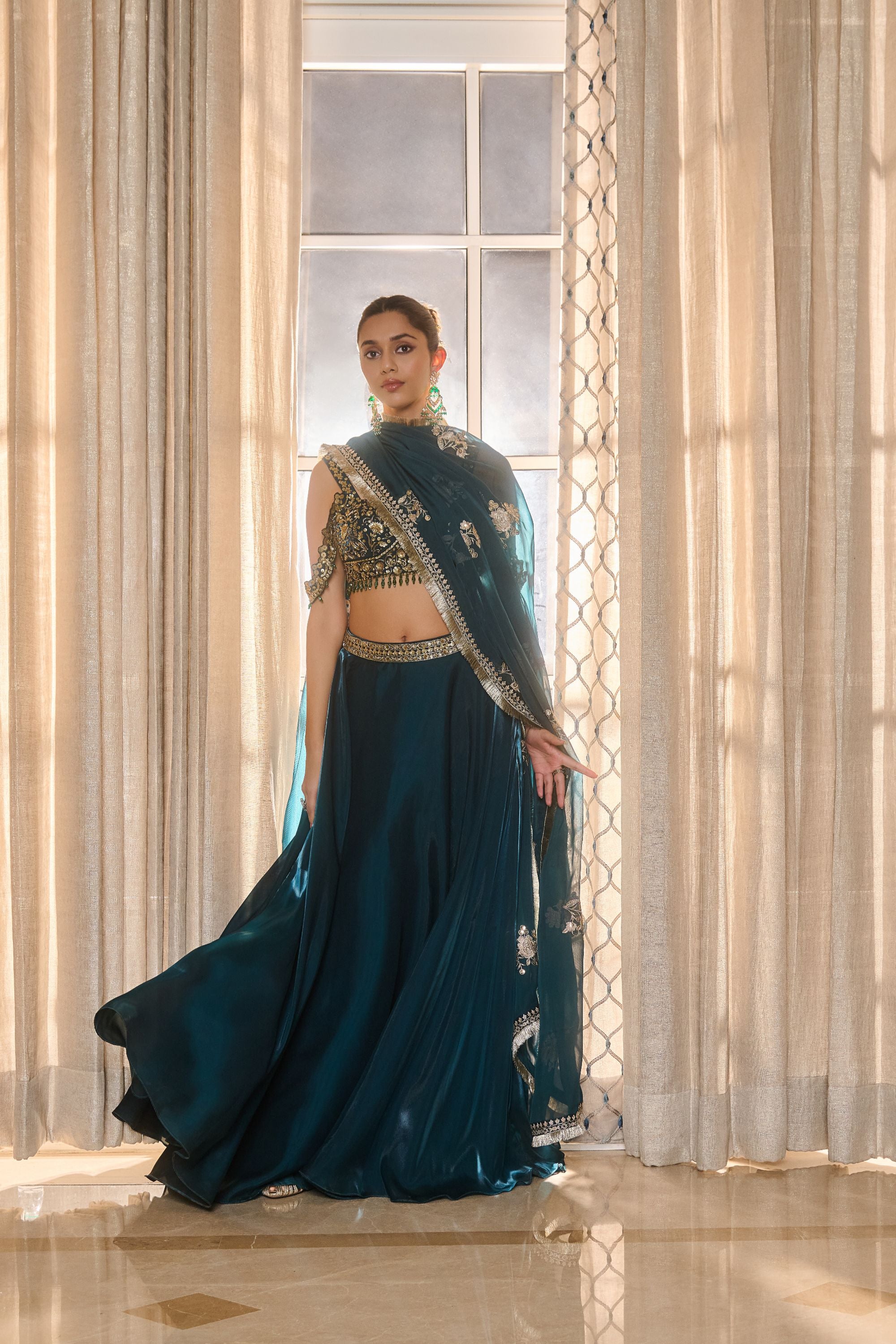 Hand Embroidered Lehenga with Dupatta  - Emrald Green