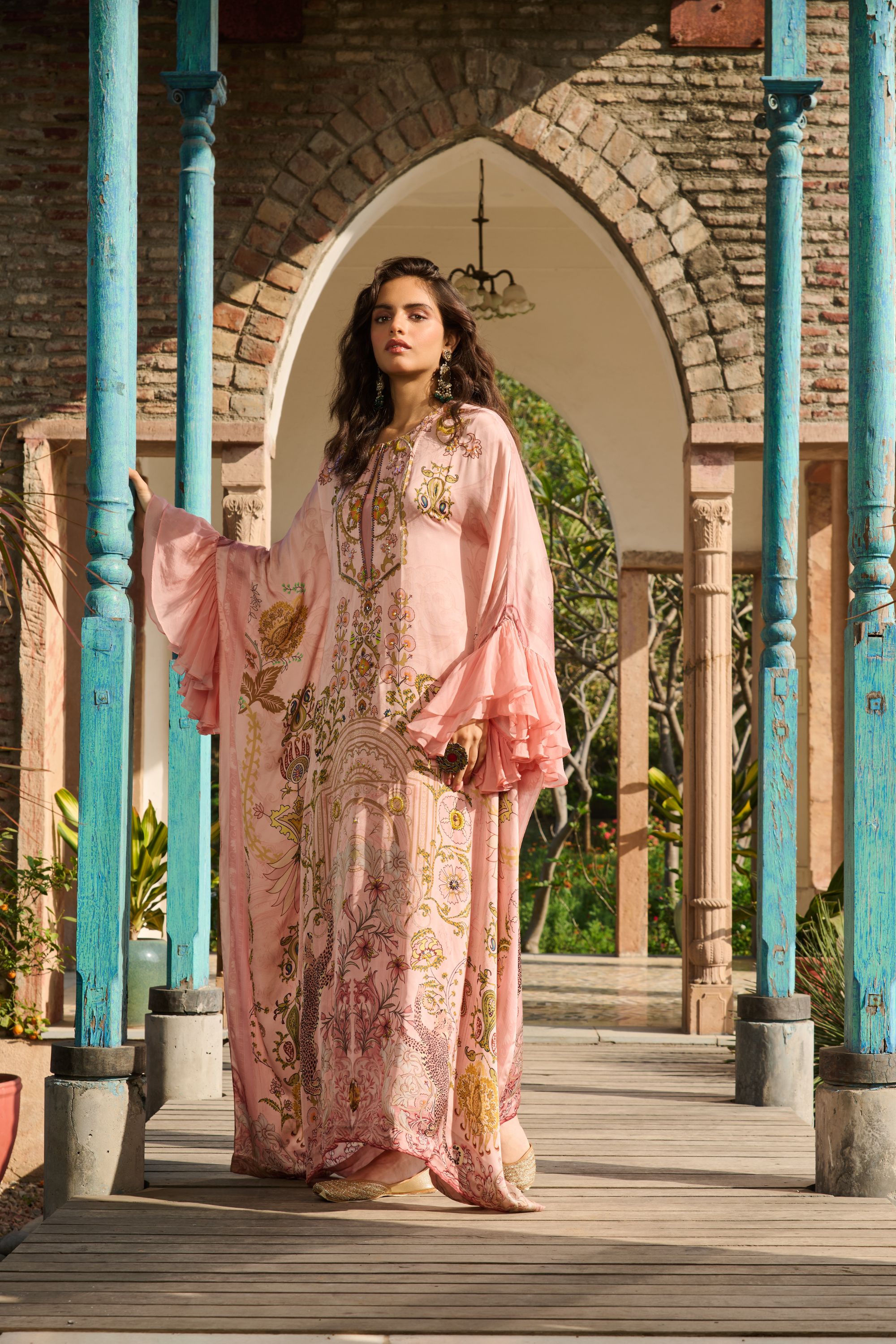 Hand Embelished Suzani Printed Kaftan with Slip