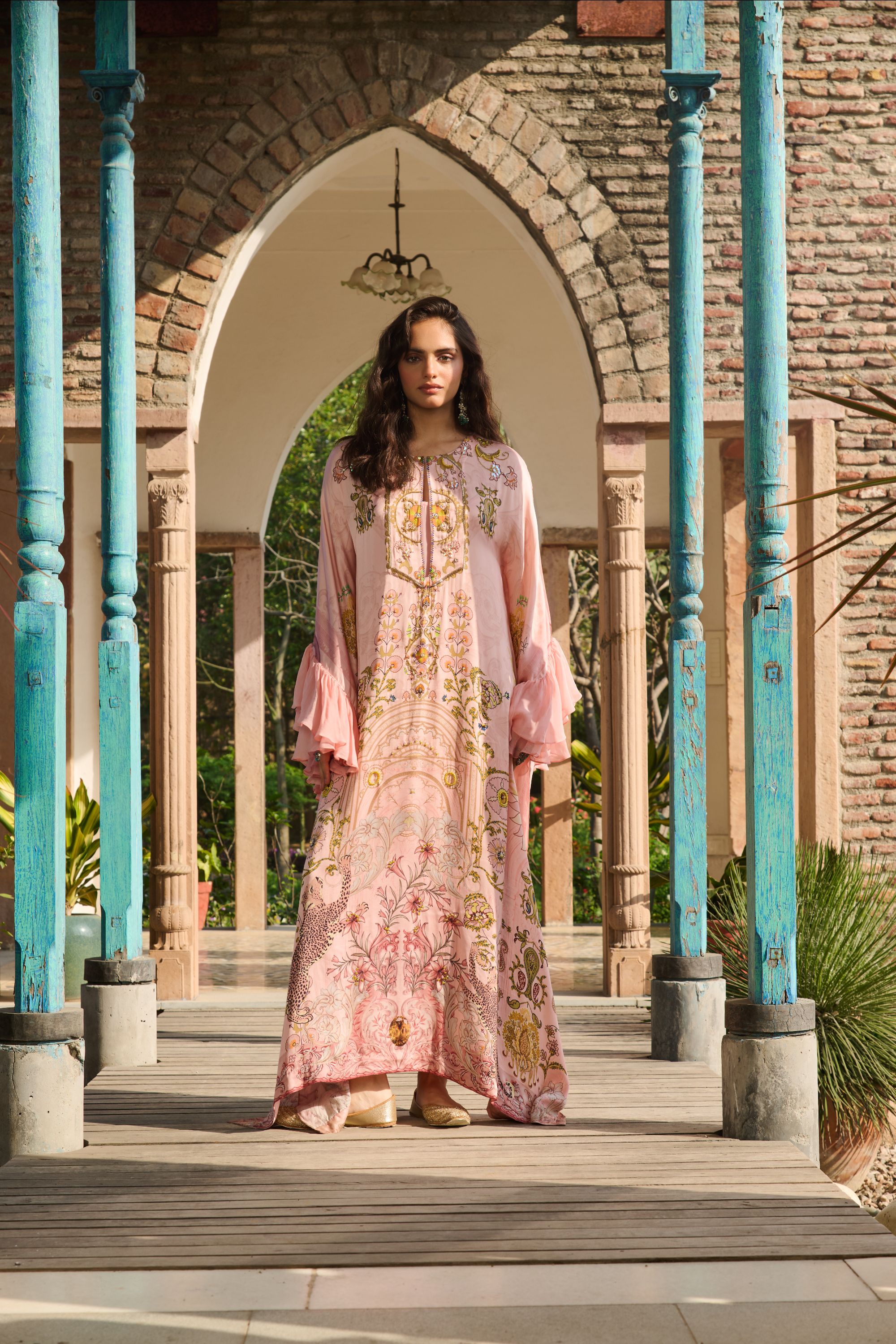 Hand Embelished Suzani Printed Kaftan with Slip