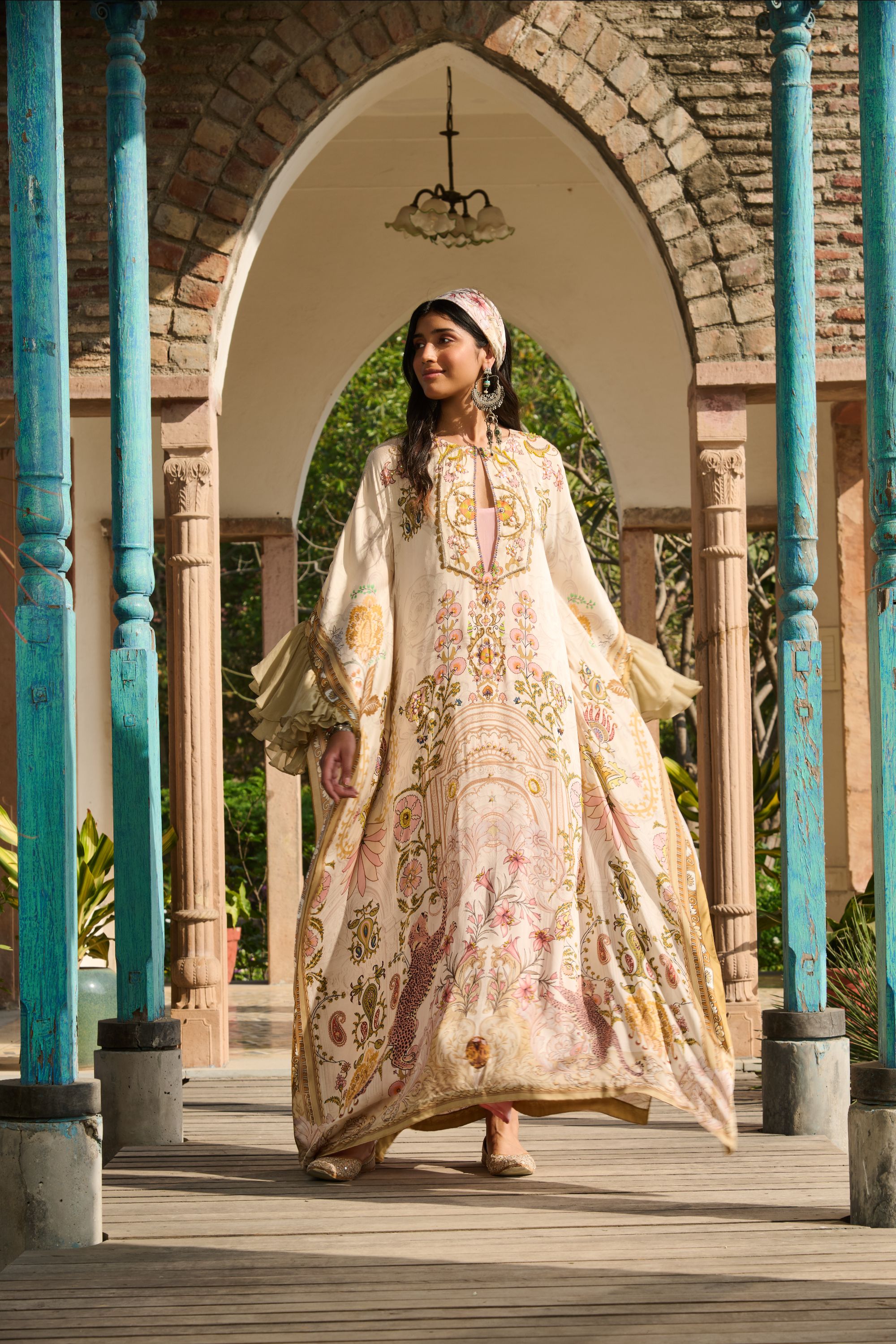 Hand Embelished Suzani Printed Kaftan with Slip