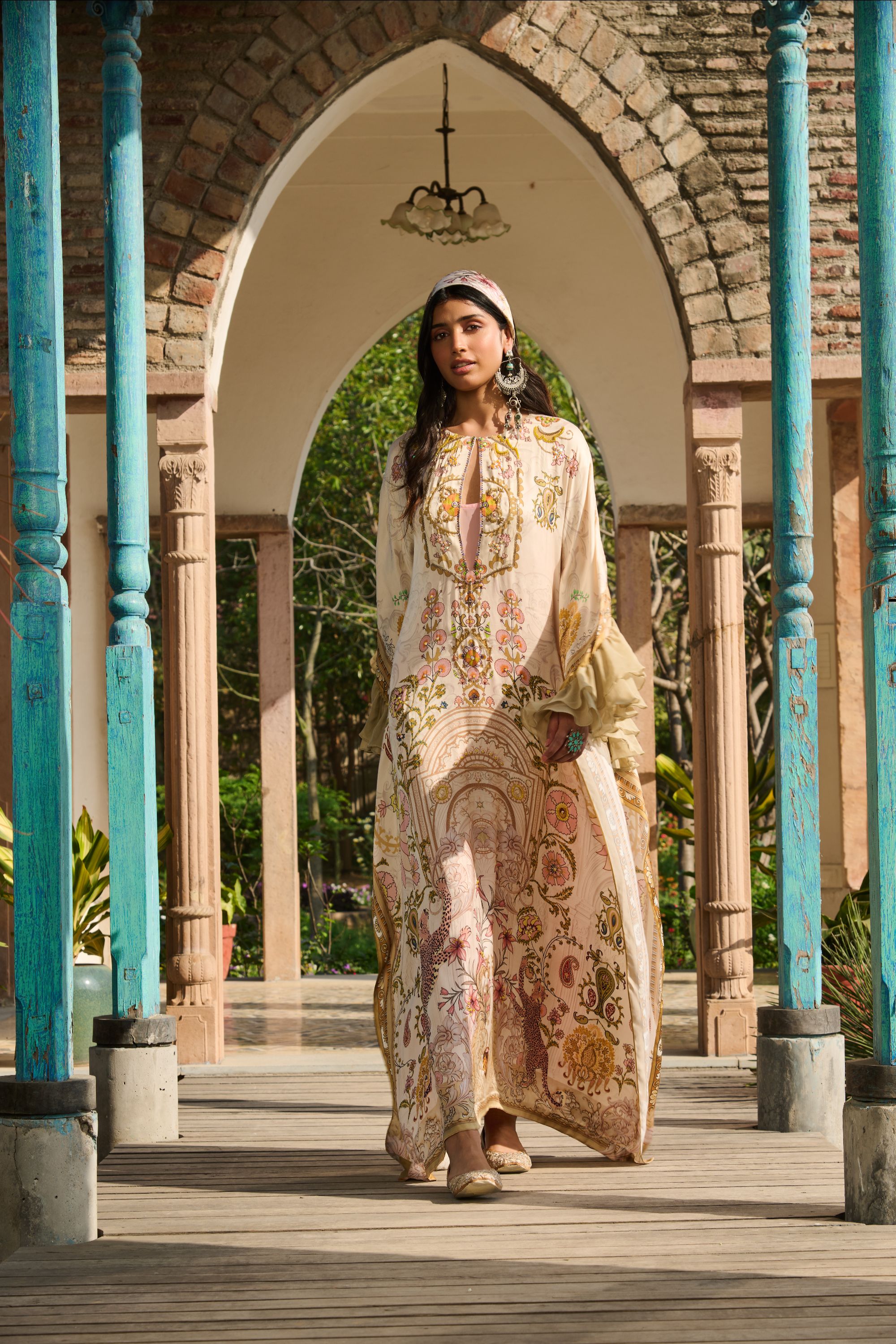 Hand Embelished Suzani Printed Kaftan with Slip