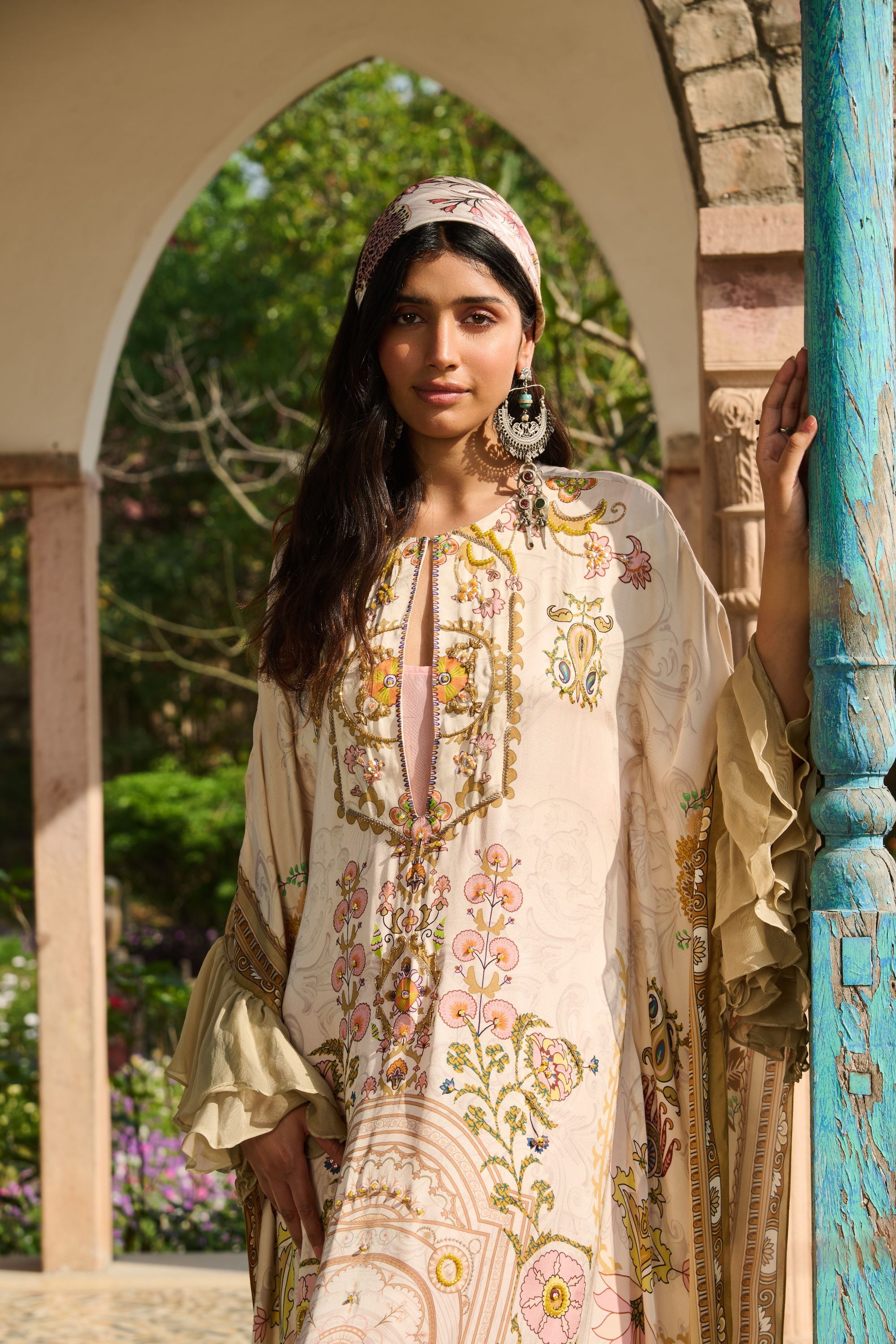 Hand Embelished Suzani Printed Kaftan with Slip