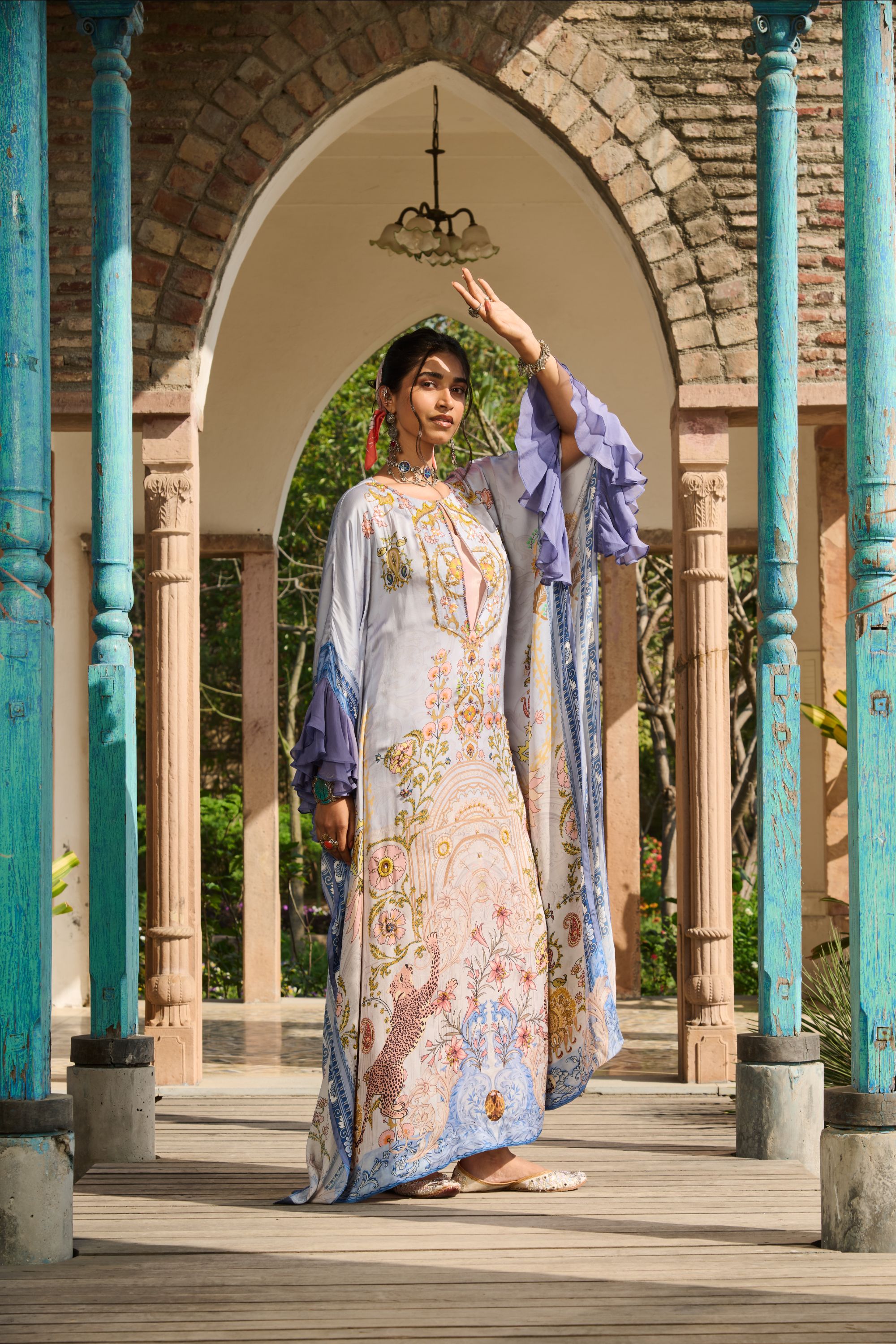 Hand Embelished Suzani Printed Kaftan with Slip