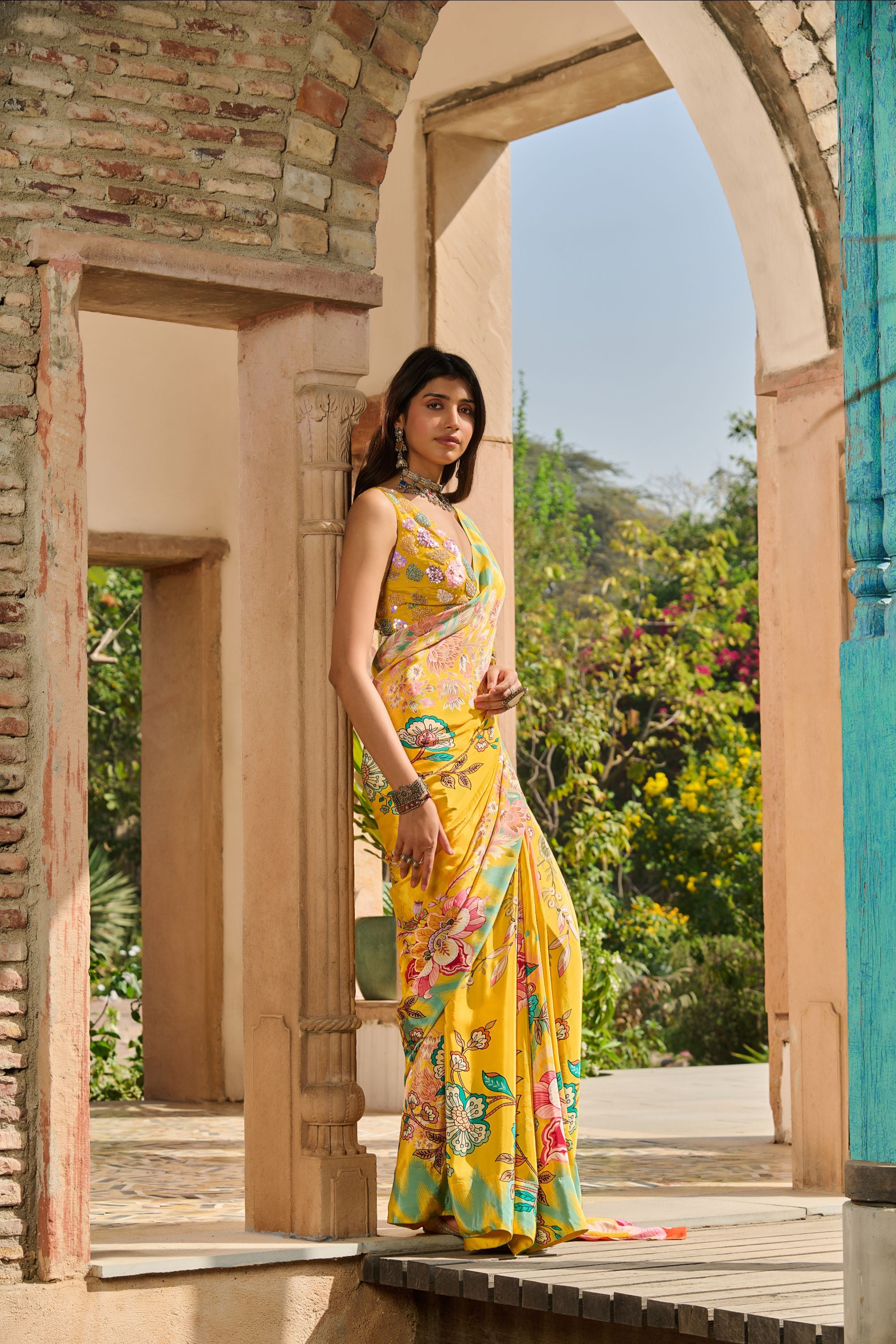 Hand Embroidered Blouse with Printed Saree and Petticoat