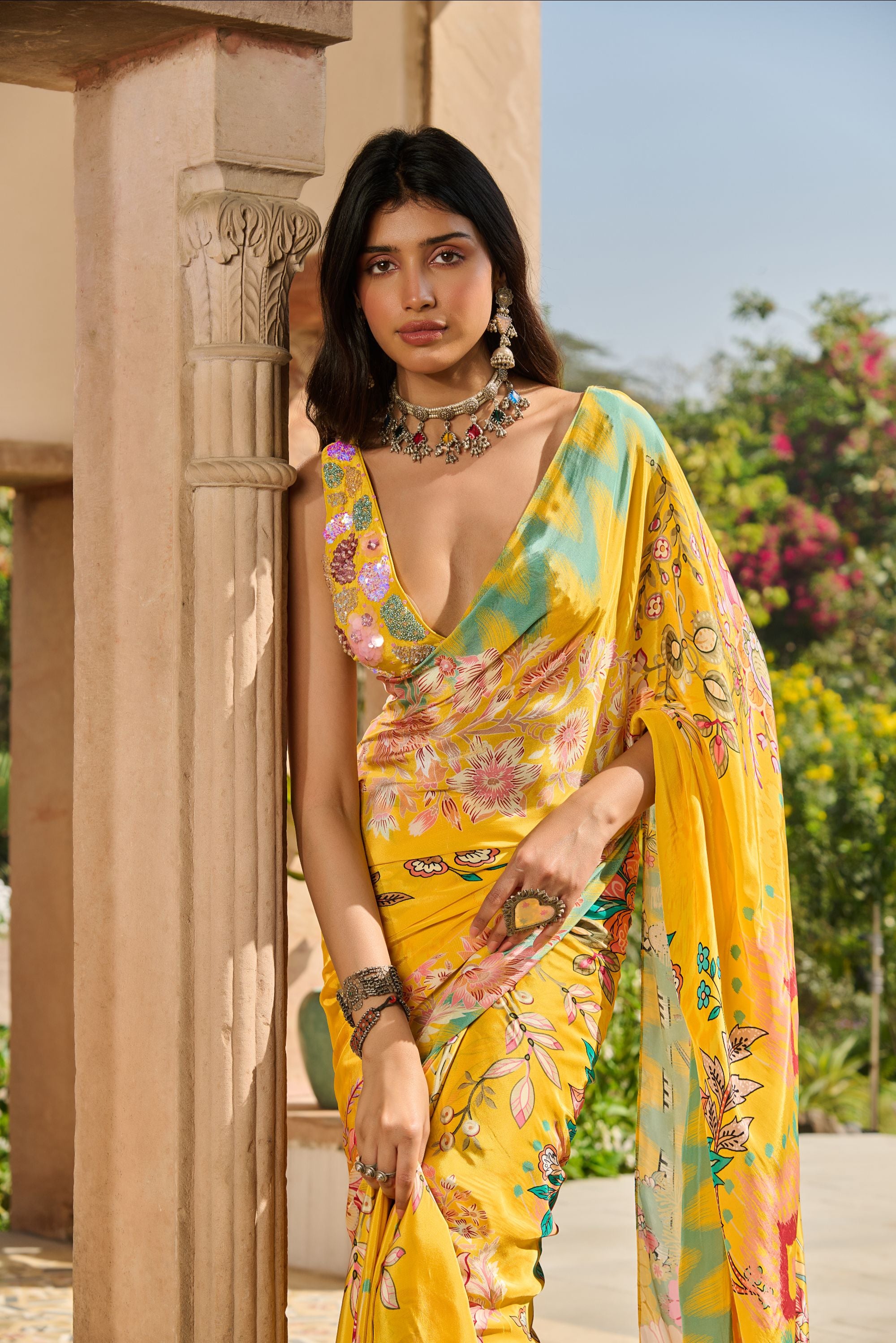 Hand Embroidered Blouse with Printed Saree and Petticoat
