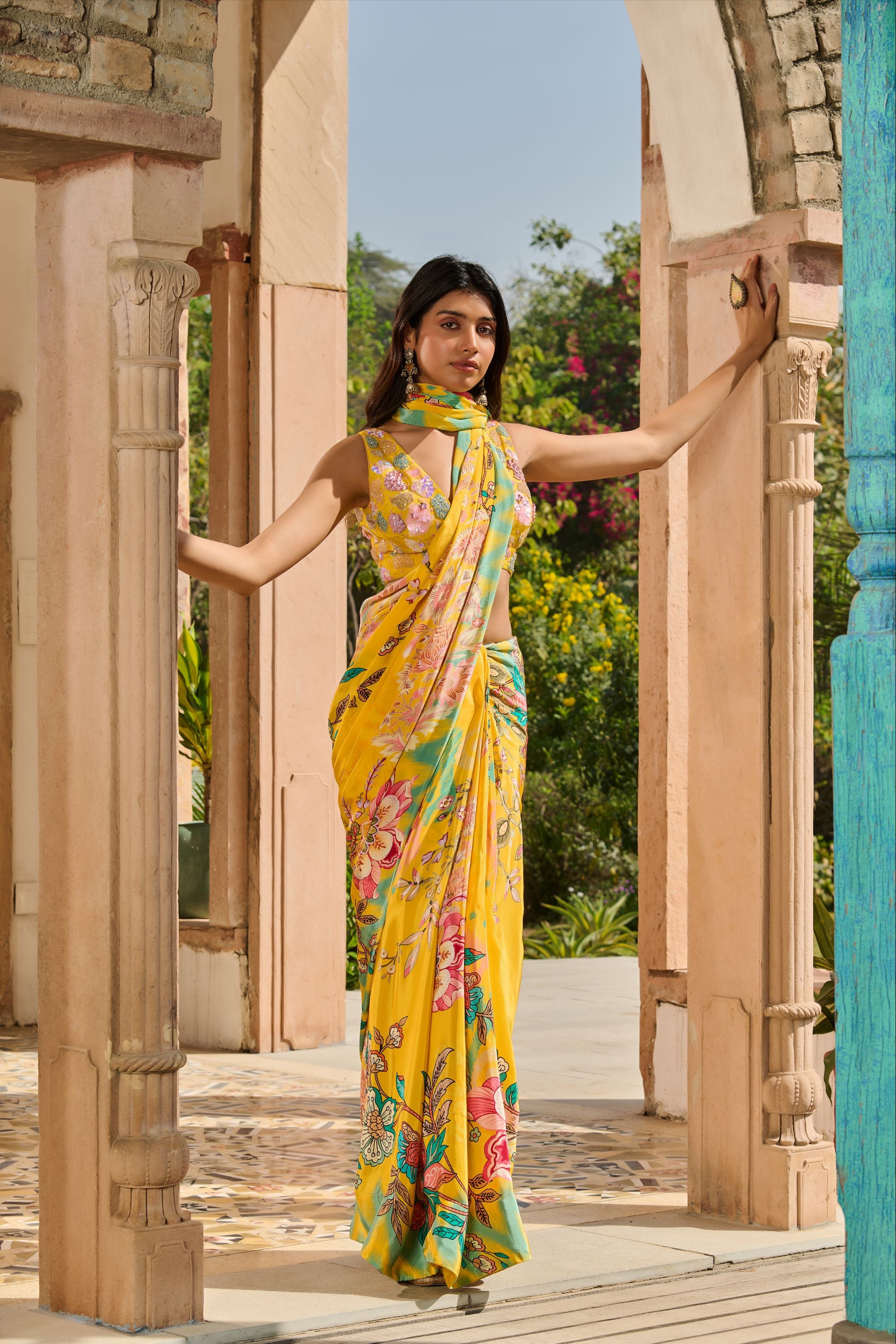 Hand Embroidered Blouse with Printed Saree and Petticoat