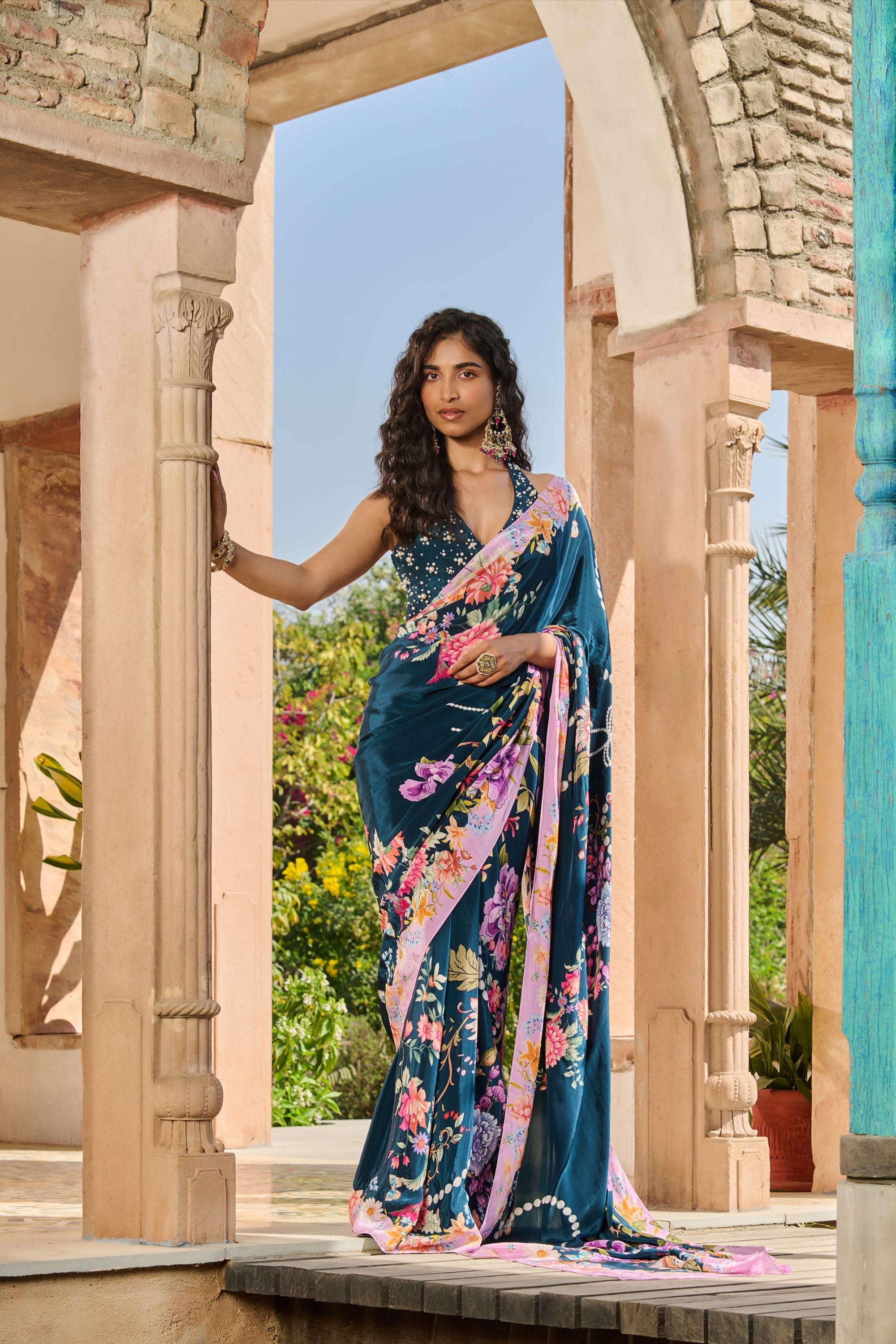 Hand Embelished Blouse with Printed Floral Saree and Petticoat