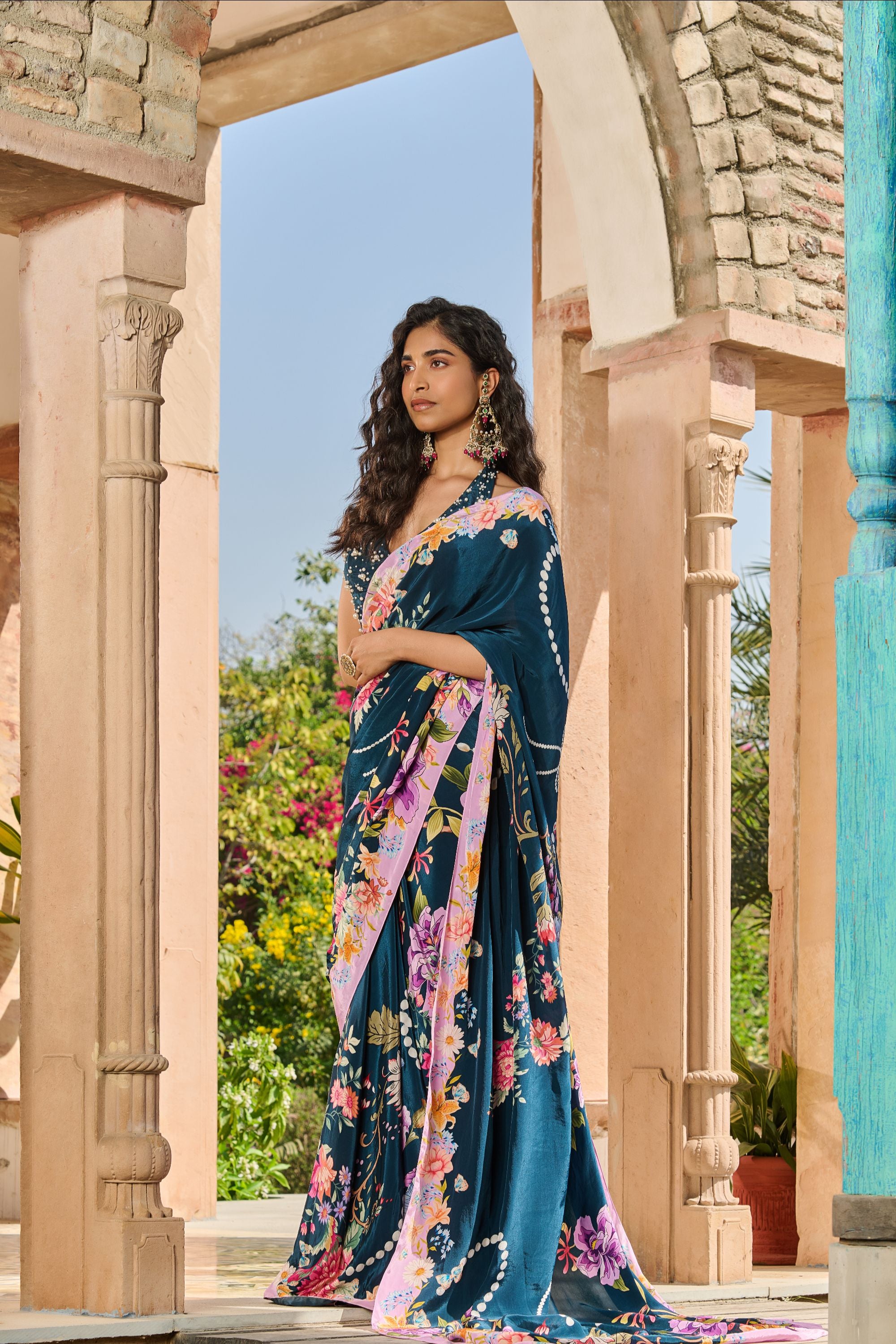 Hand Embelished Blouse with Printed Floral Saree and Petticoat