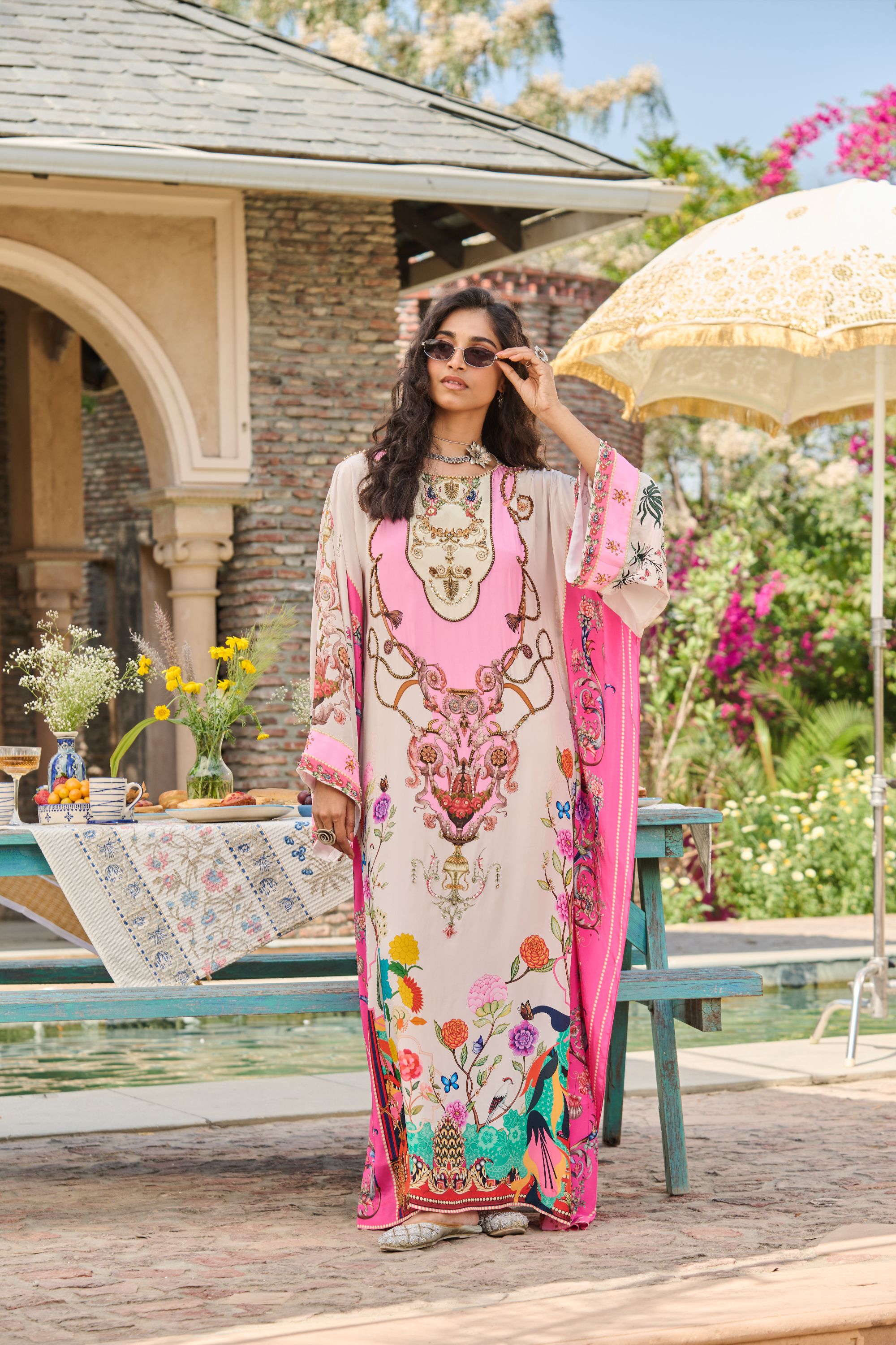 Hand Embelished Printed Kaftan with Slip