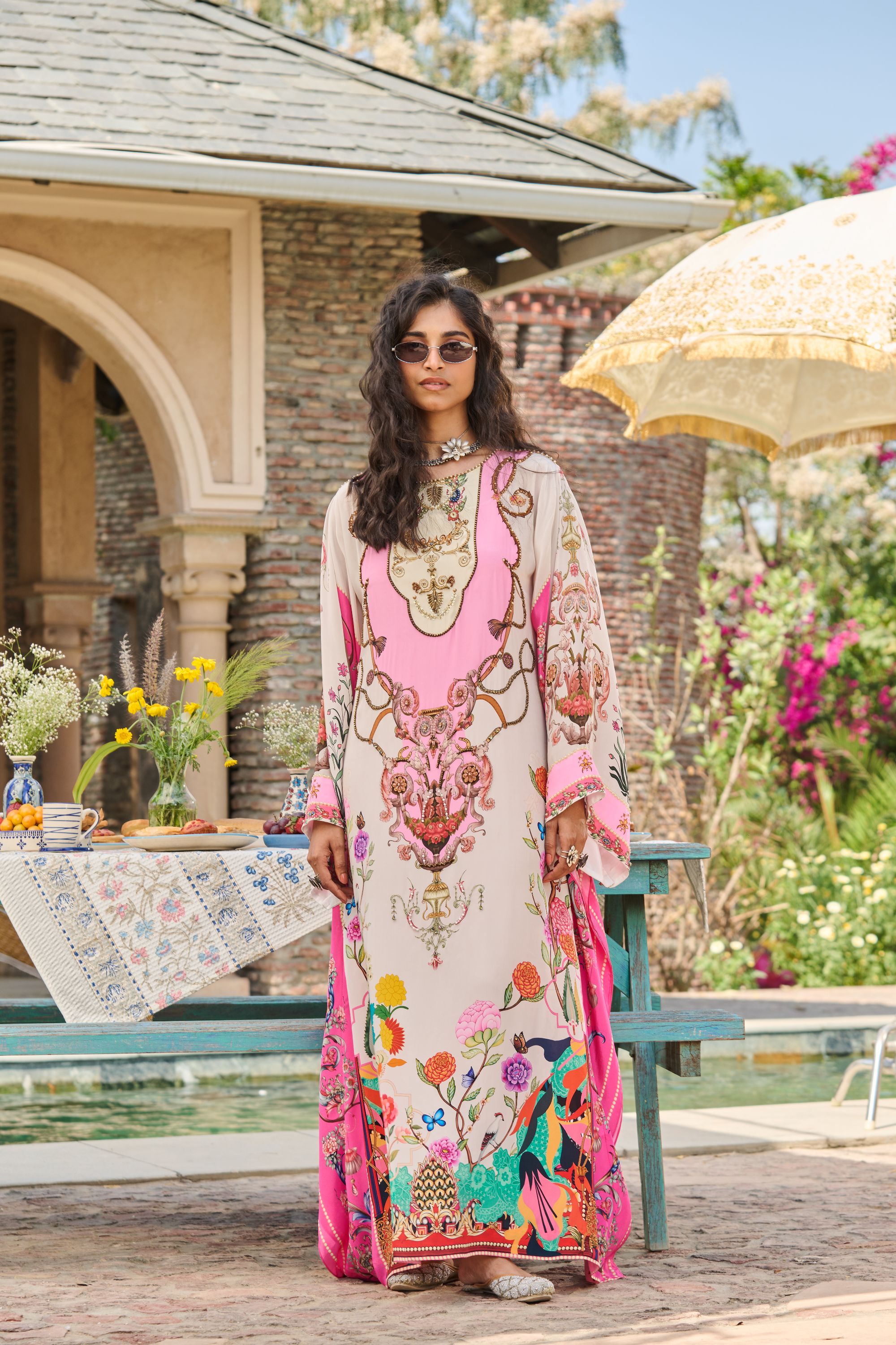 Hand Embelished Printed Kaftan with Slip