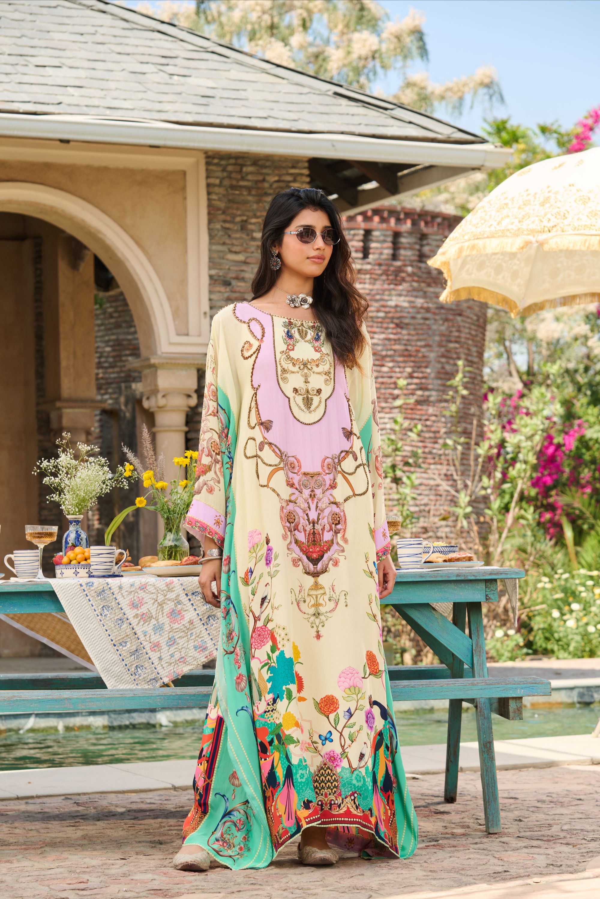Hand Embelished Printed Kaftan with Slip