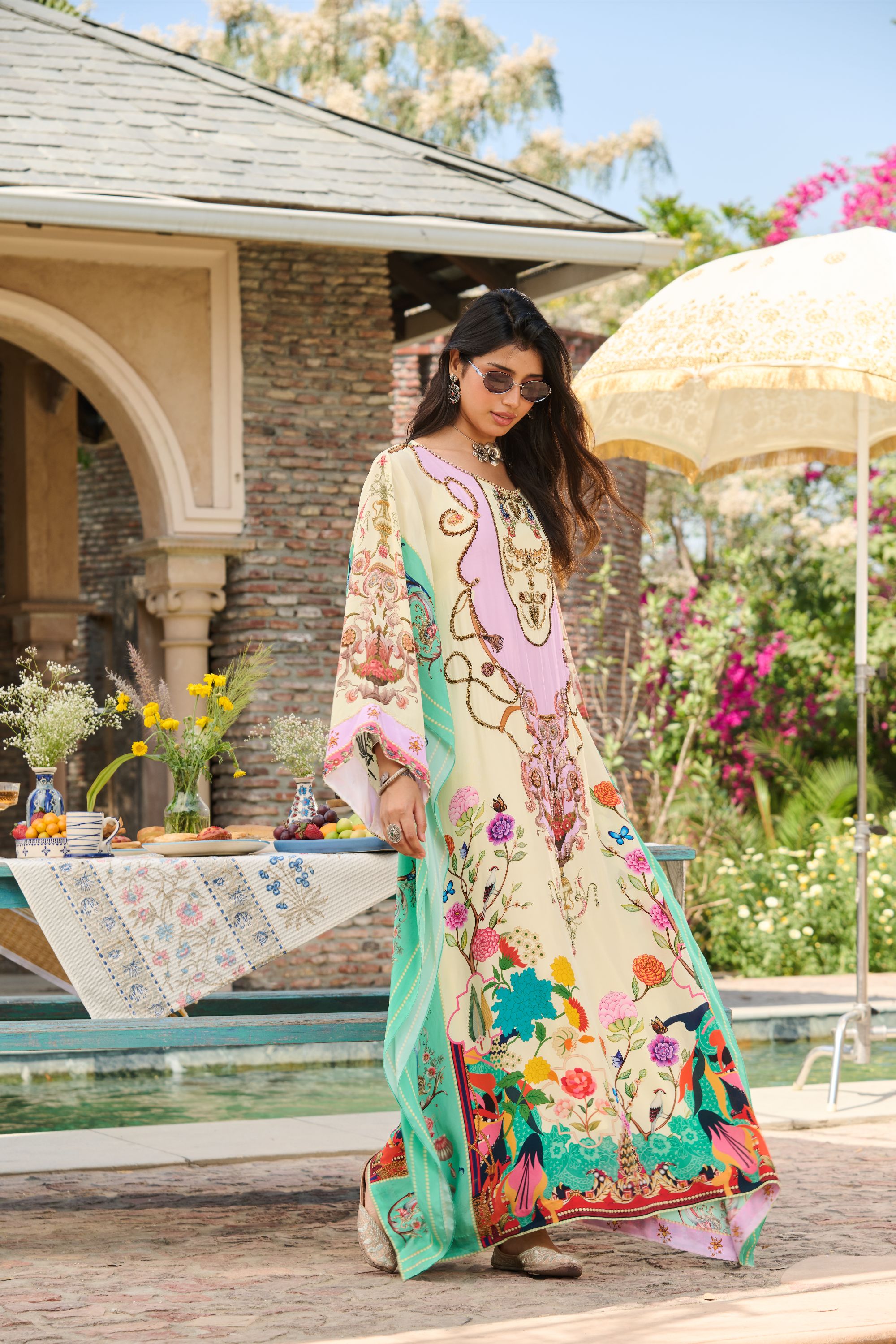Hand Embelished Printed Kaftan with Slip
