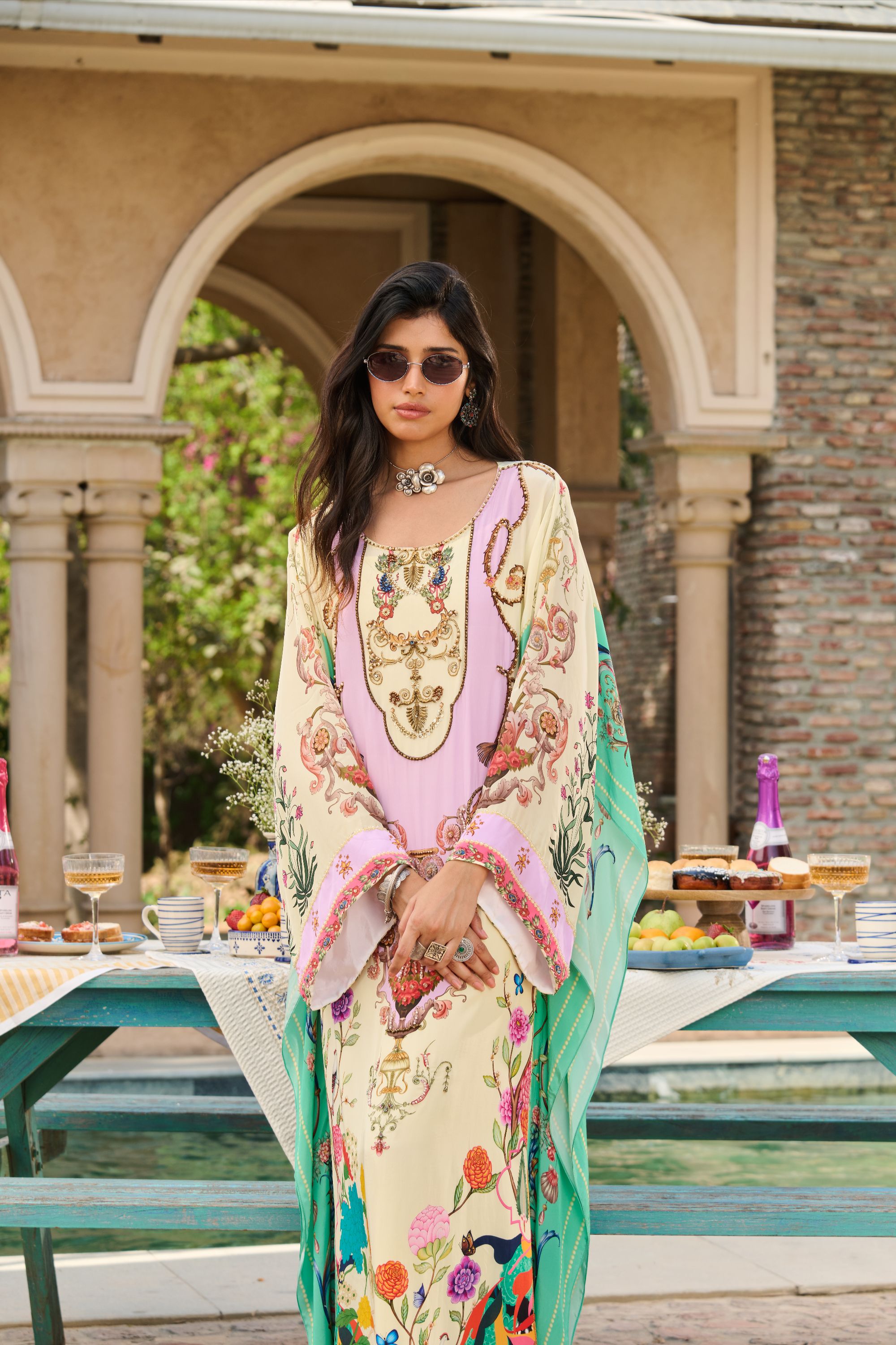 Hand Embelished Printed Kaftan with Slip