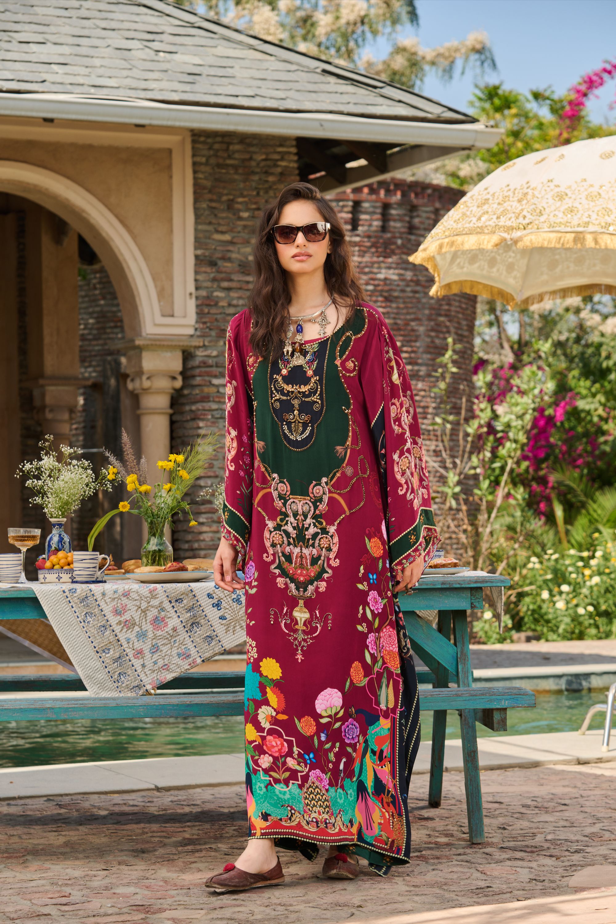 Hand Embelished Printed Kaftan with Slip