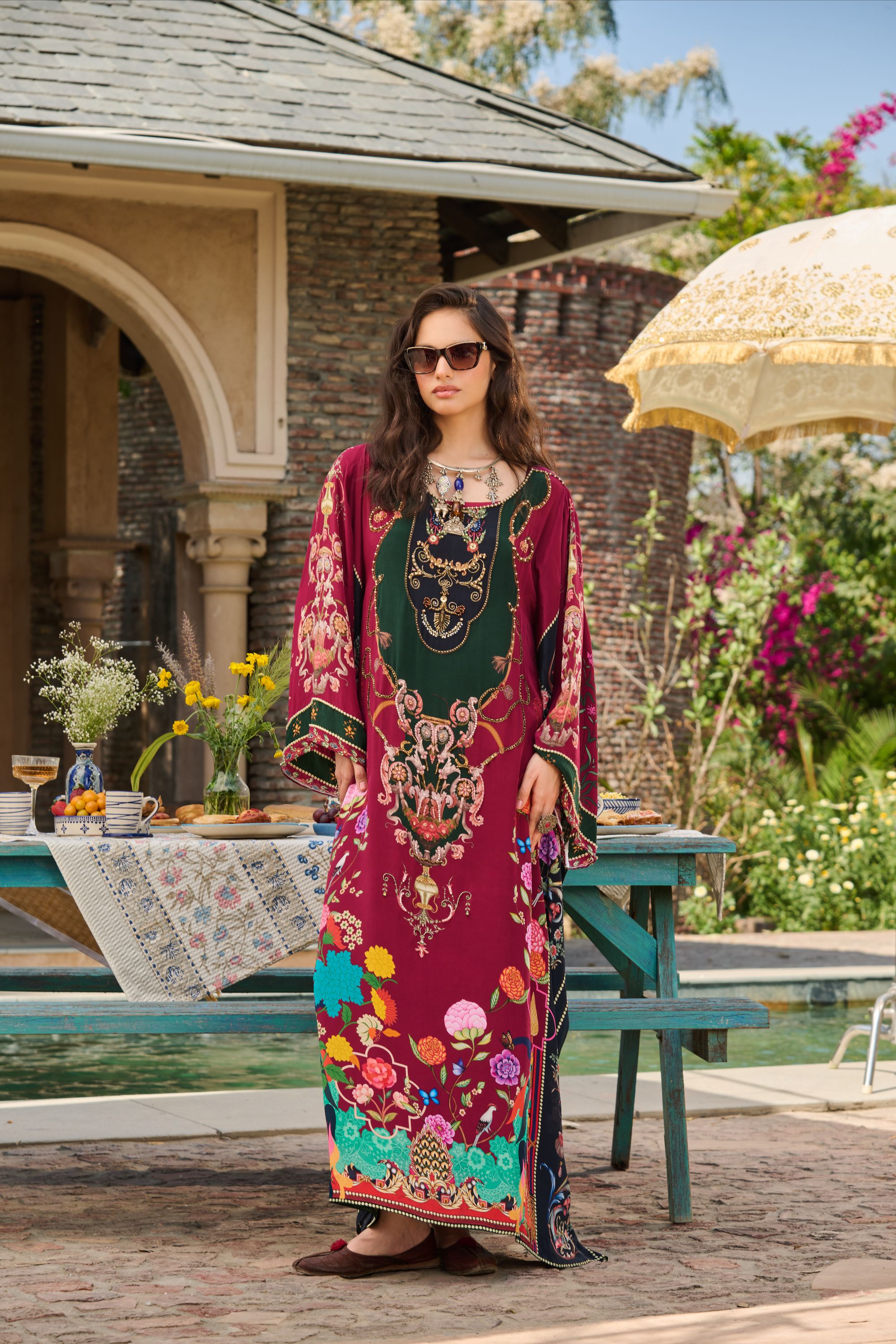 Hand Embelished Printed Kaftan with Slip