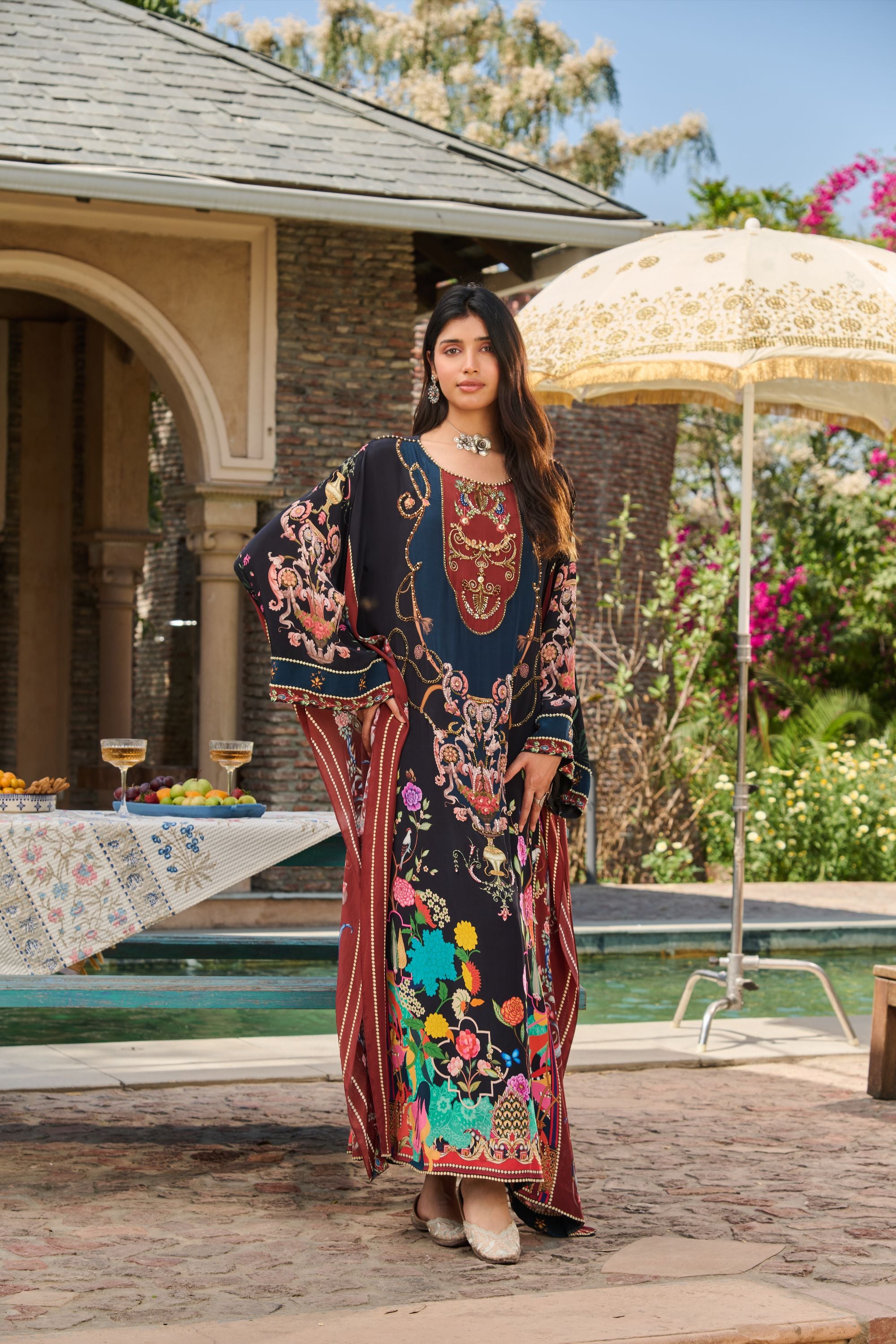 Hand Embelished Printed Kaftan with Slip