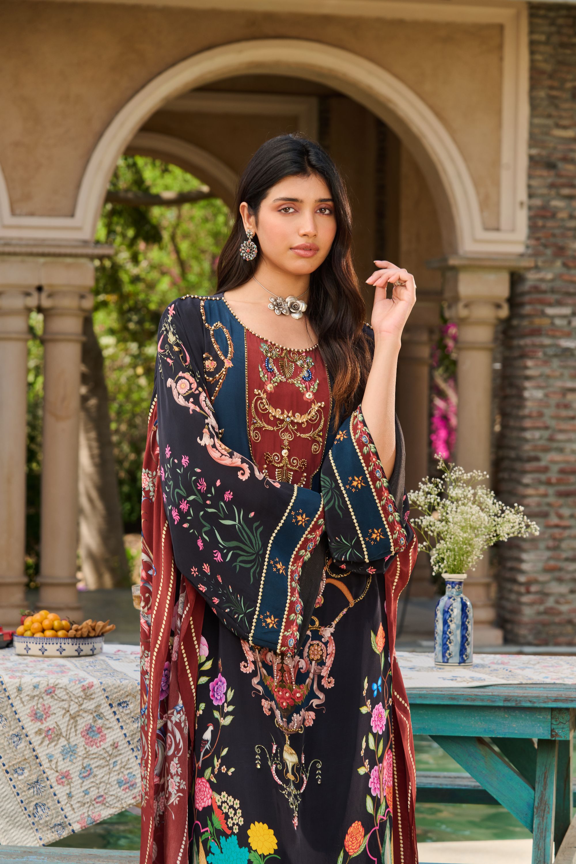 Hand Embelished Printed Kaftan with Slip