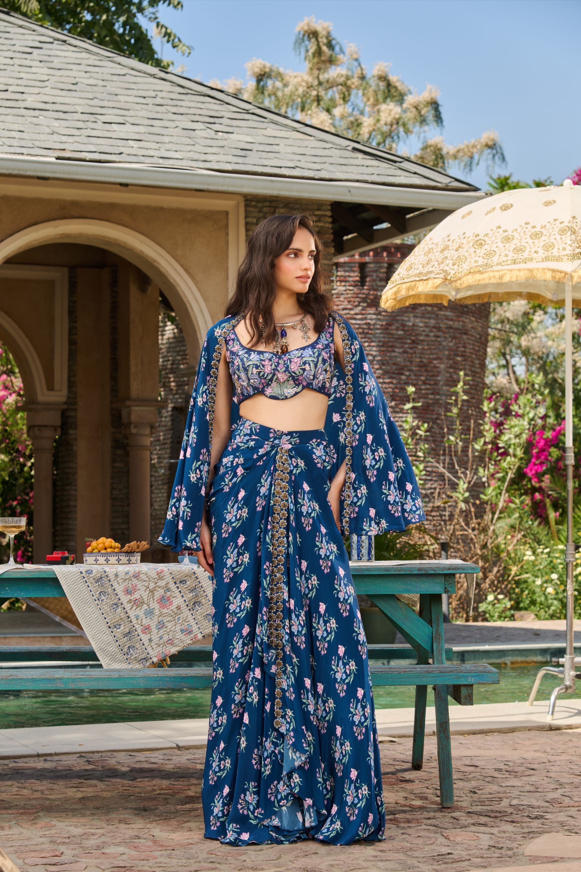 Hand Embroidered Co-ord Set with Printed Drape Skirt and Cape