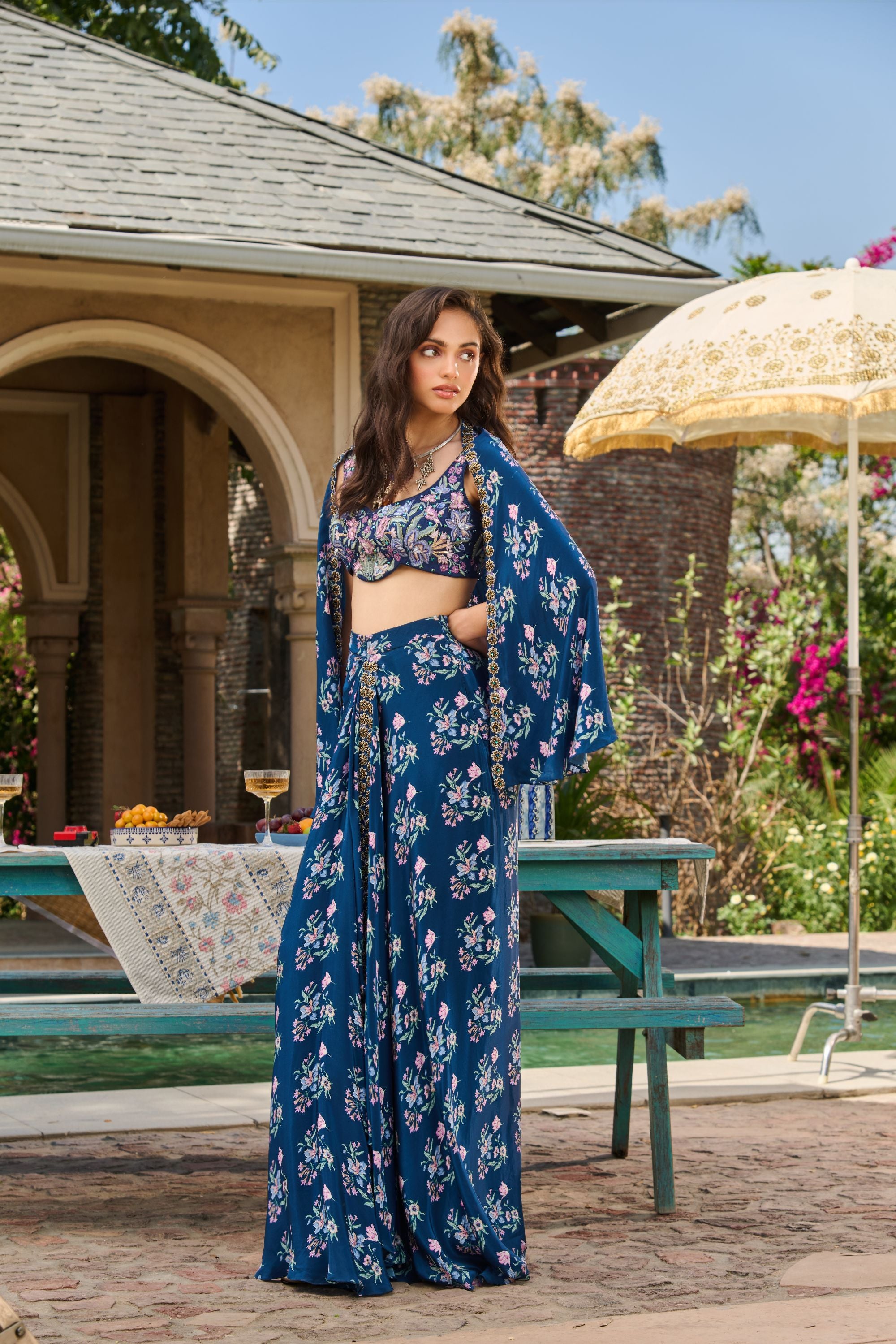 Hand Embroidered Co-ord Set with Printed Drape Skirt and Cape