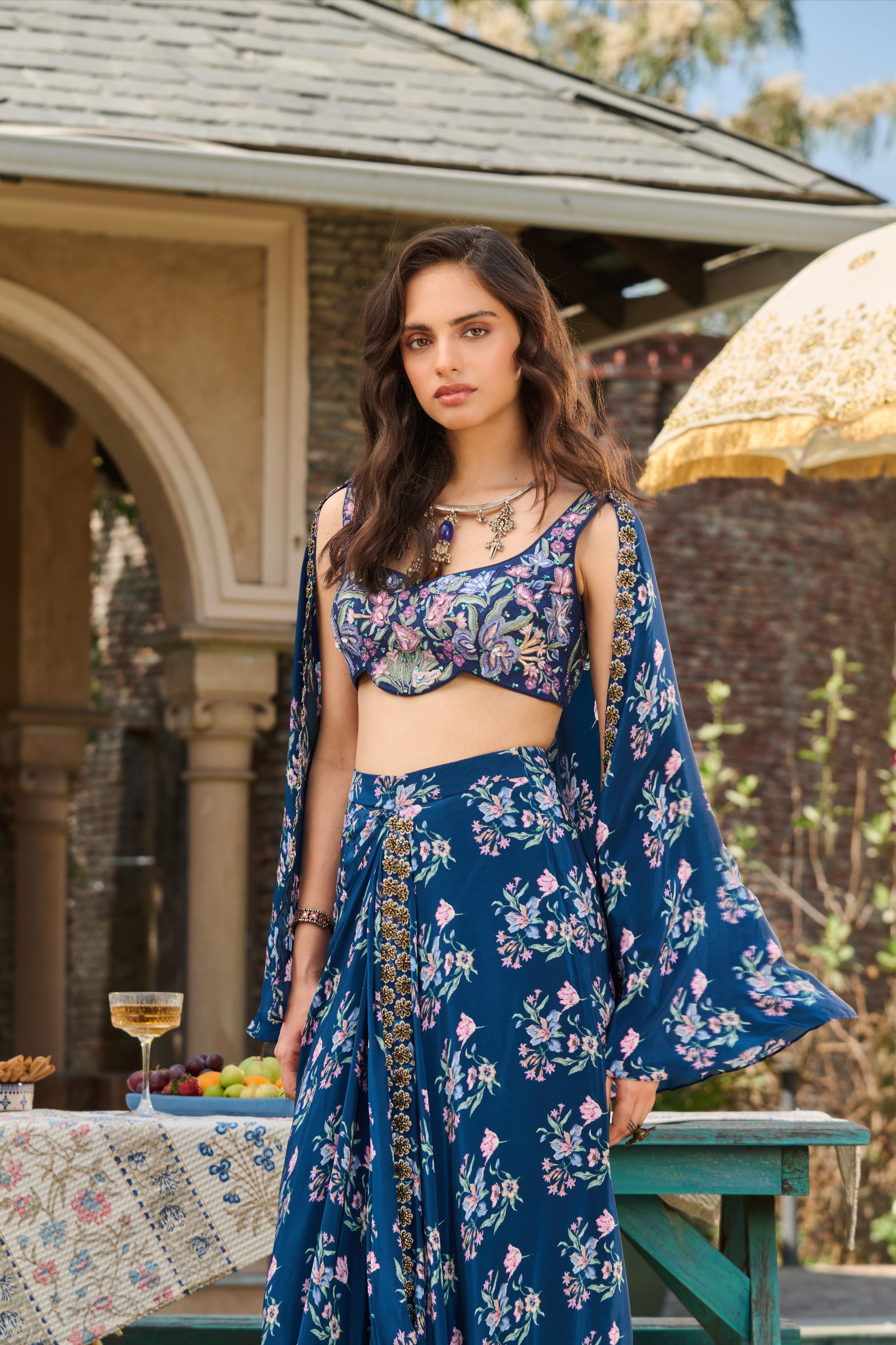 Hand Embroidered Co-ord Set with Printed Drape Skirt and Cape