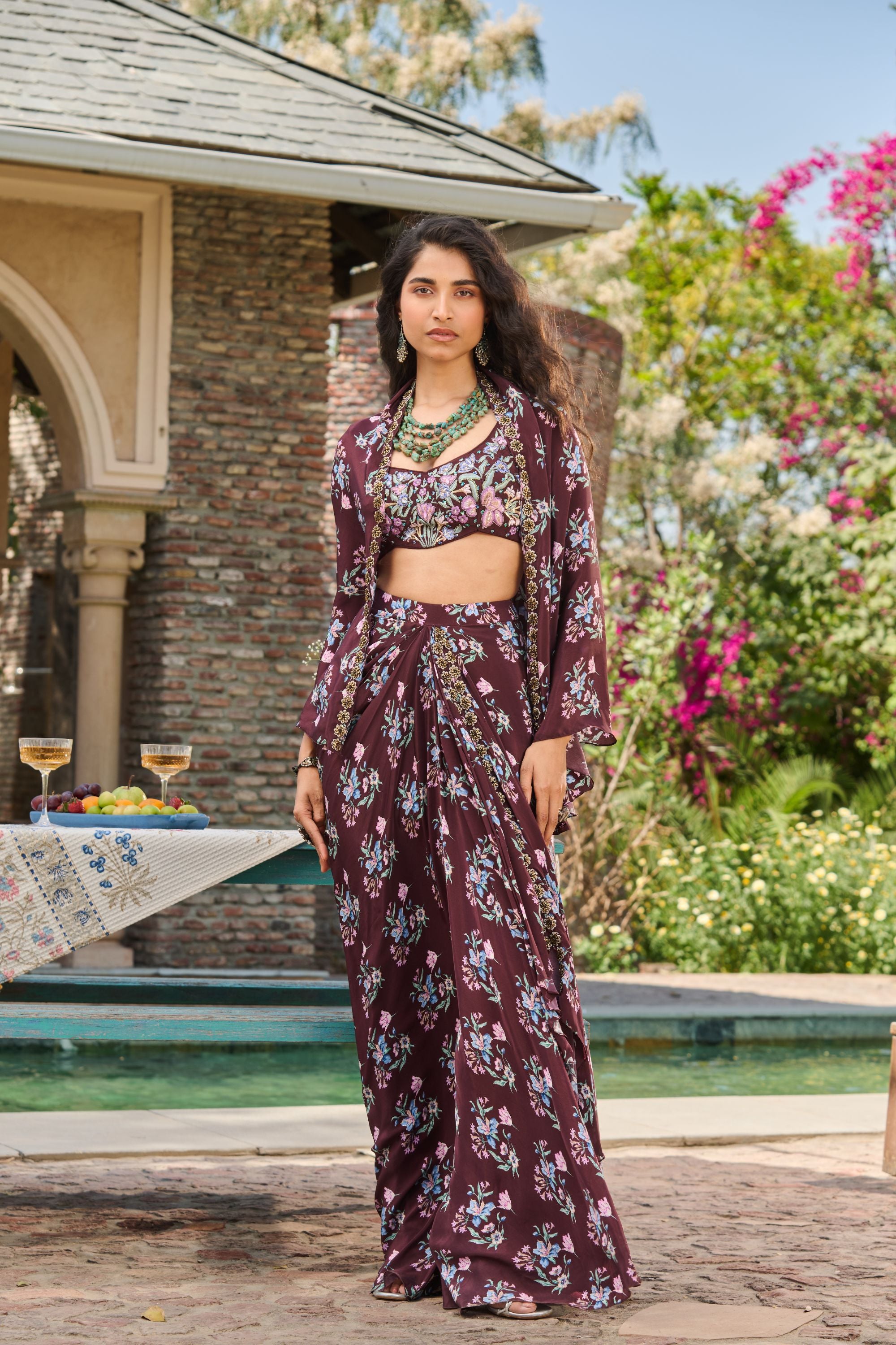 Hand Embroidered Co-ord Set with Printed Drape Skirt and Cape