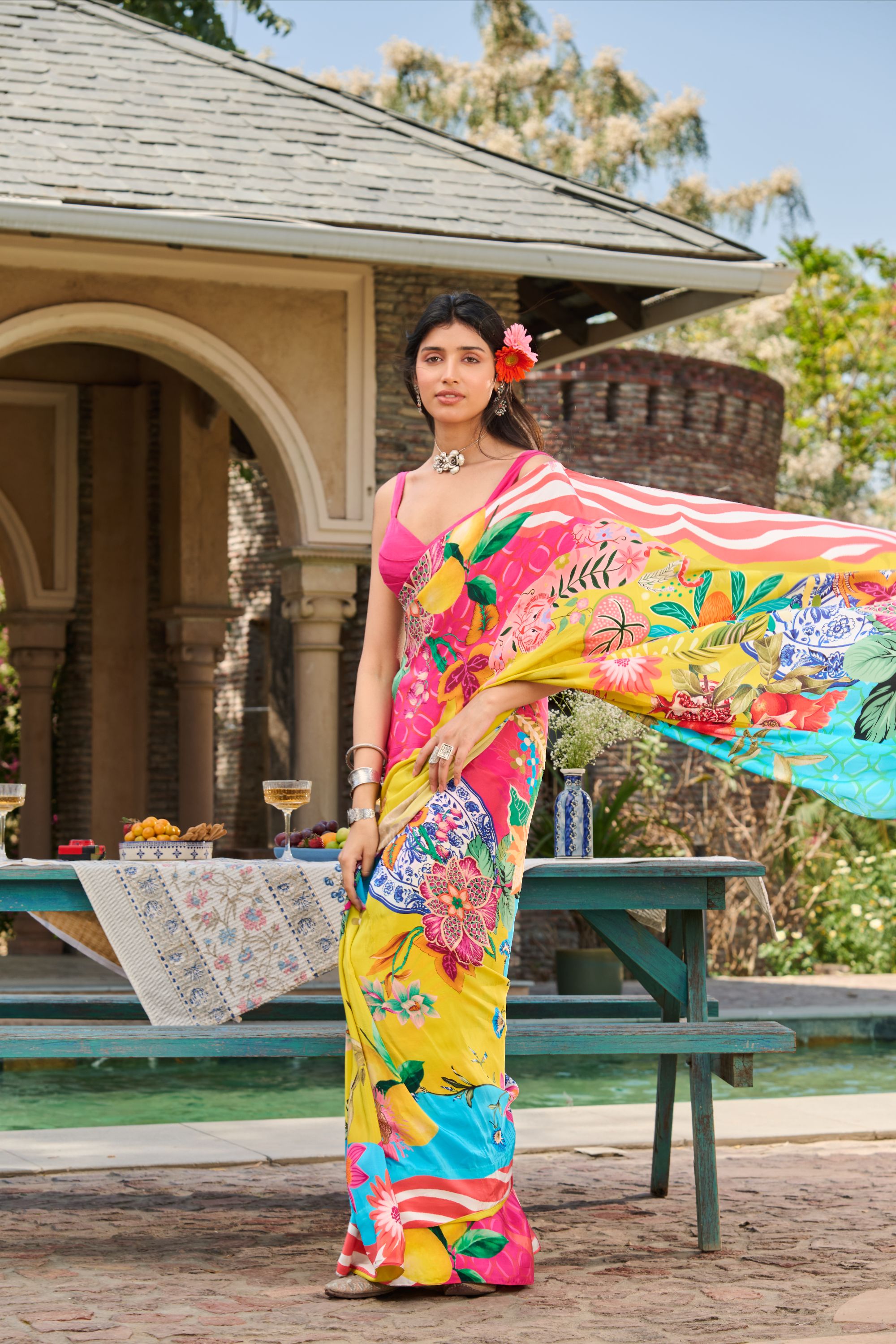 Printed Saree with Haute Pink Pleated Blouse and Petticoat