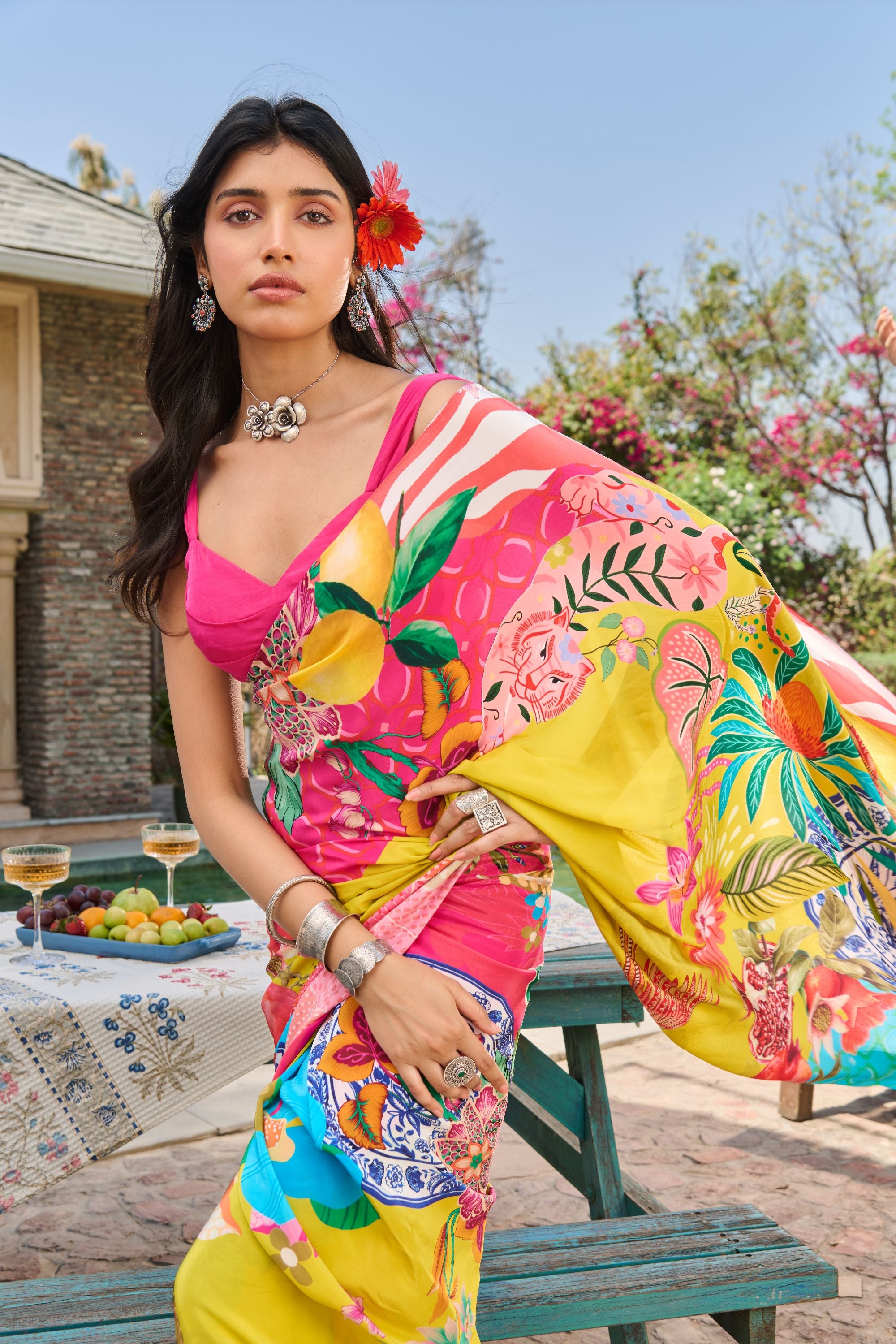 Printed Saree with Haute Pink Pleated Blouse and Petticoat