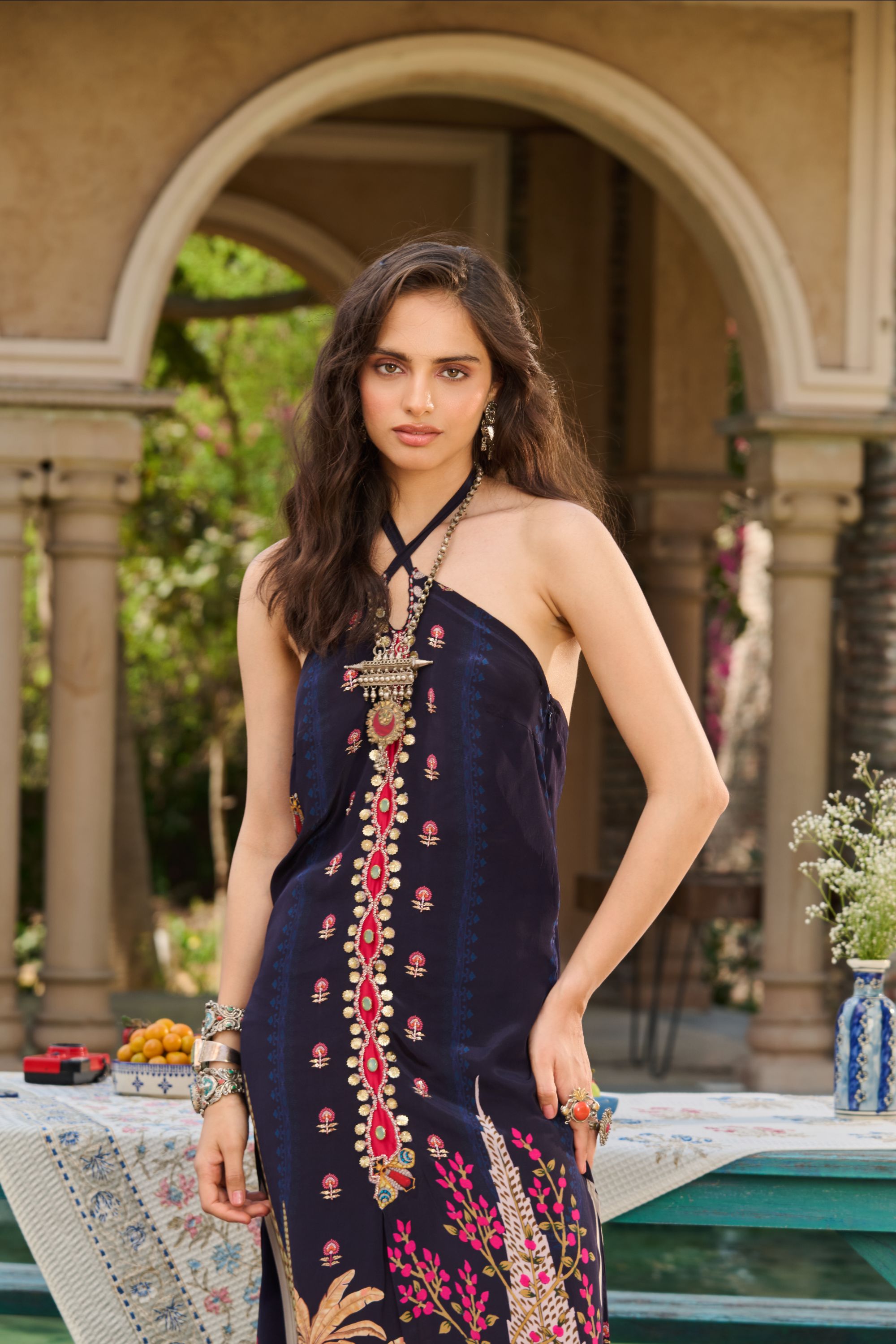 Hand Embelished Cross Halter Printed Kaftan