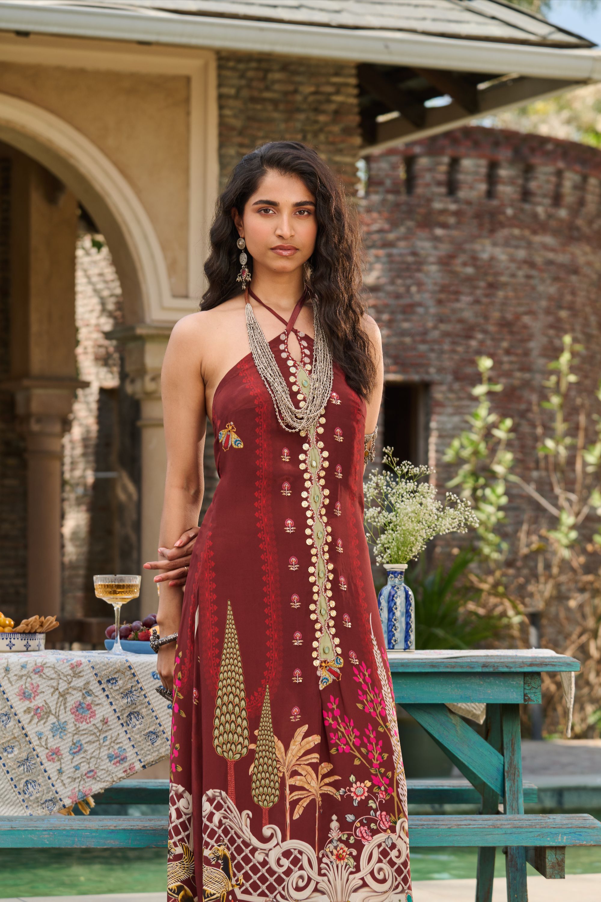 Hand Embelished Cross Halter Printed Kaftan