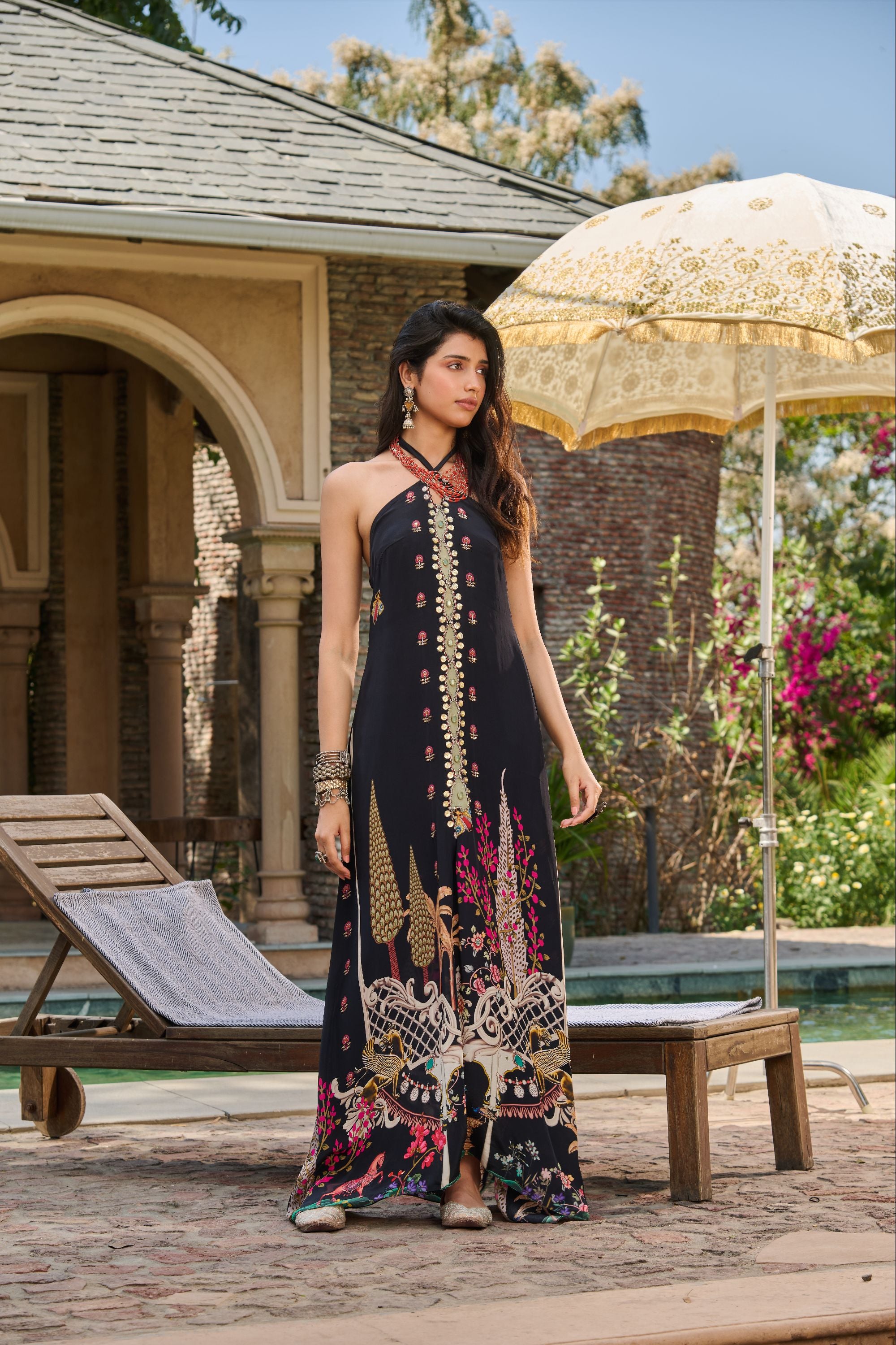 Hand Embelished Cross Halter Printed Kaftan