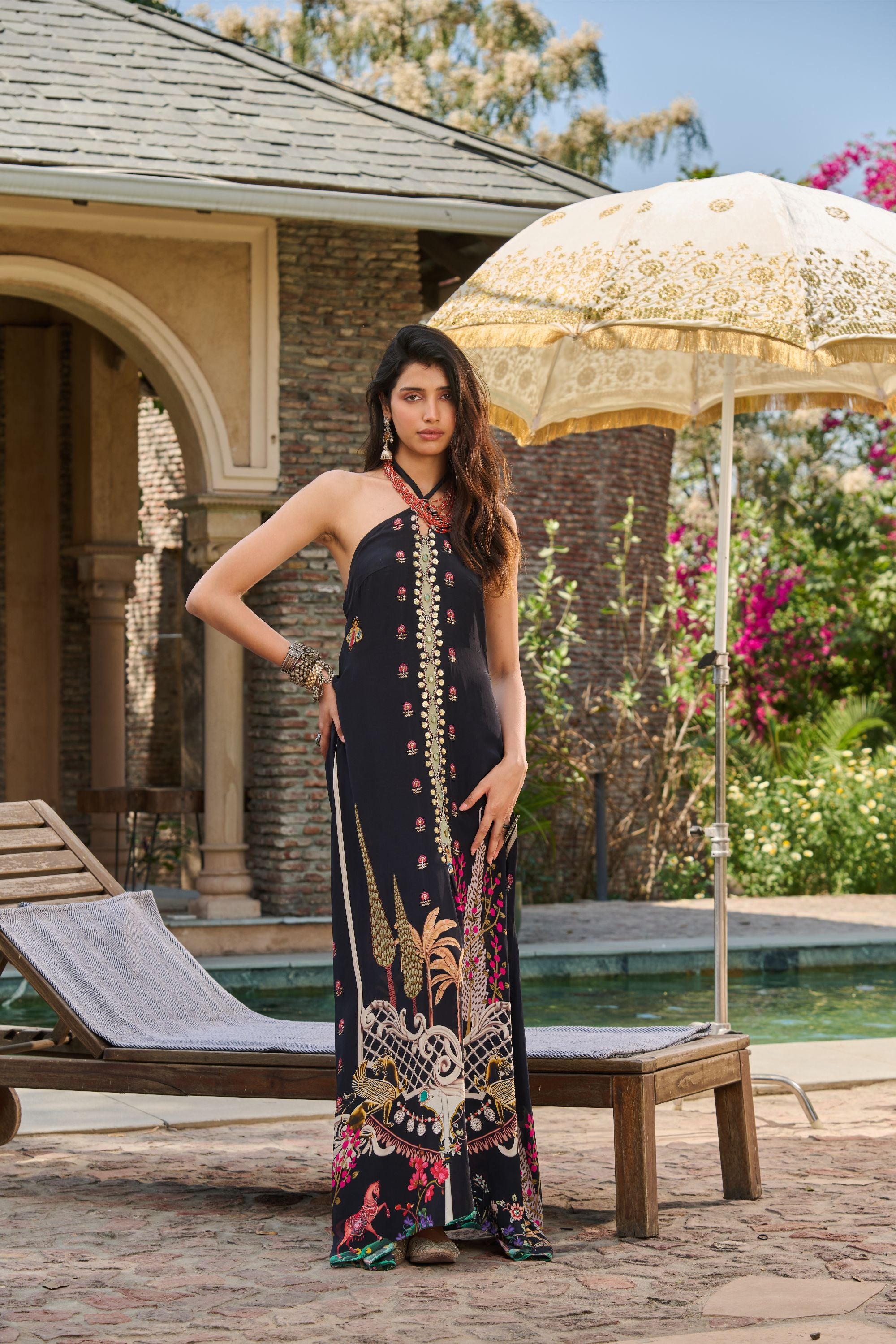 Hand Embelished Cross Halter Printed Kaftan