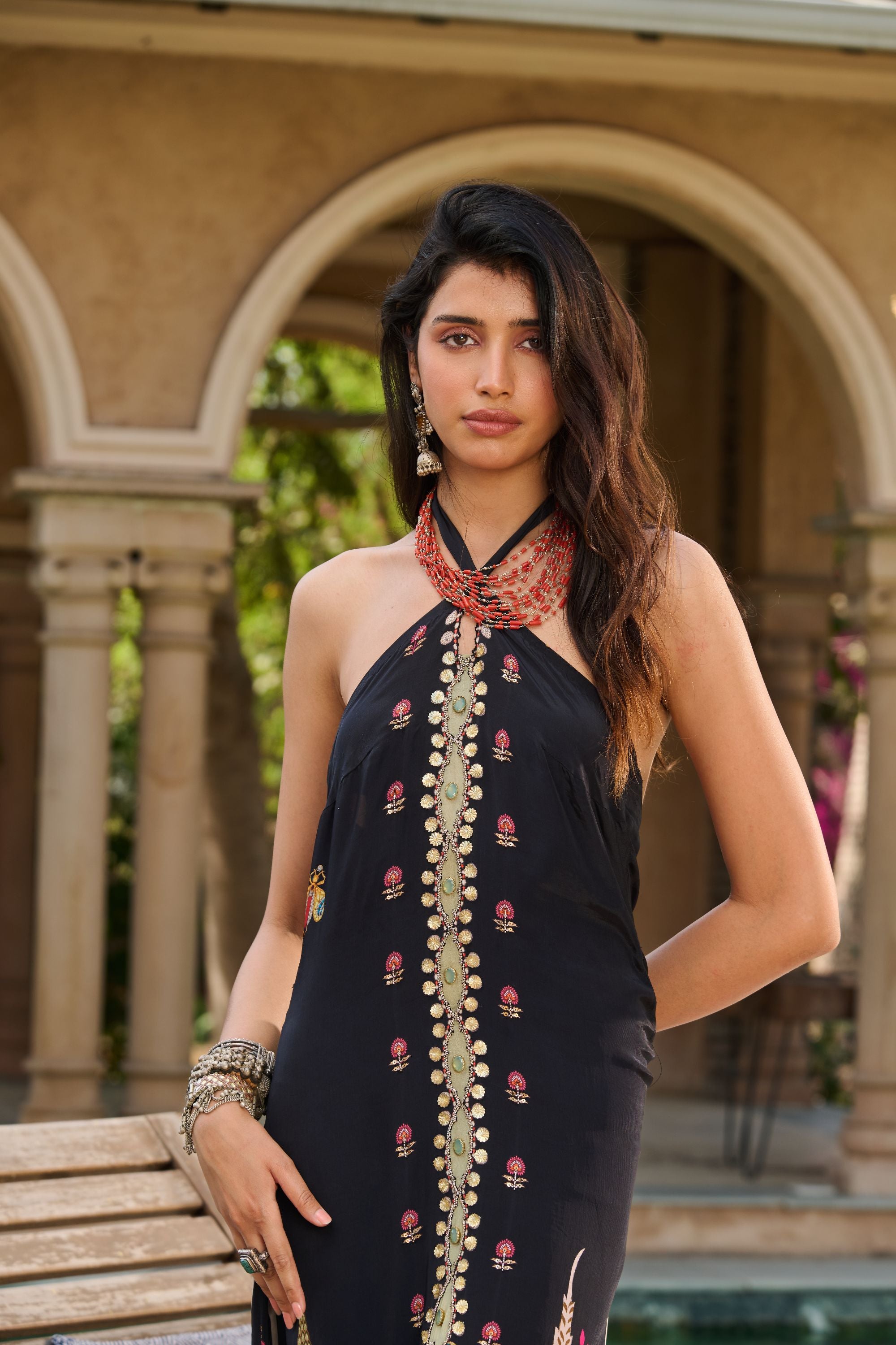Hand Embelished Cross Halter Printed Kaftan