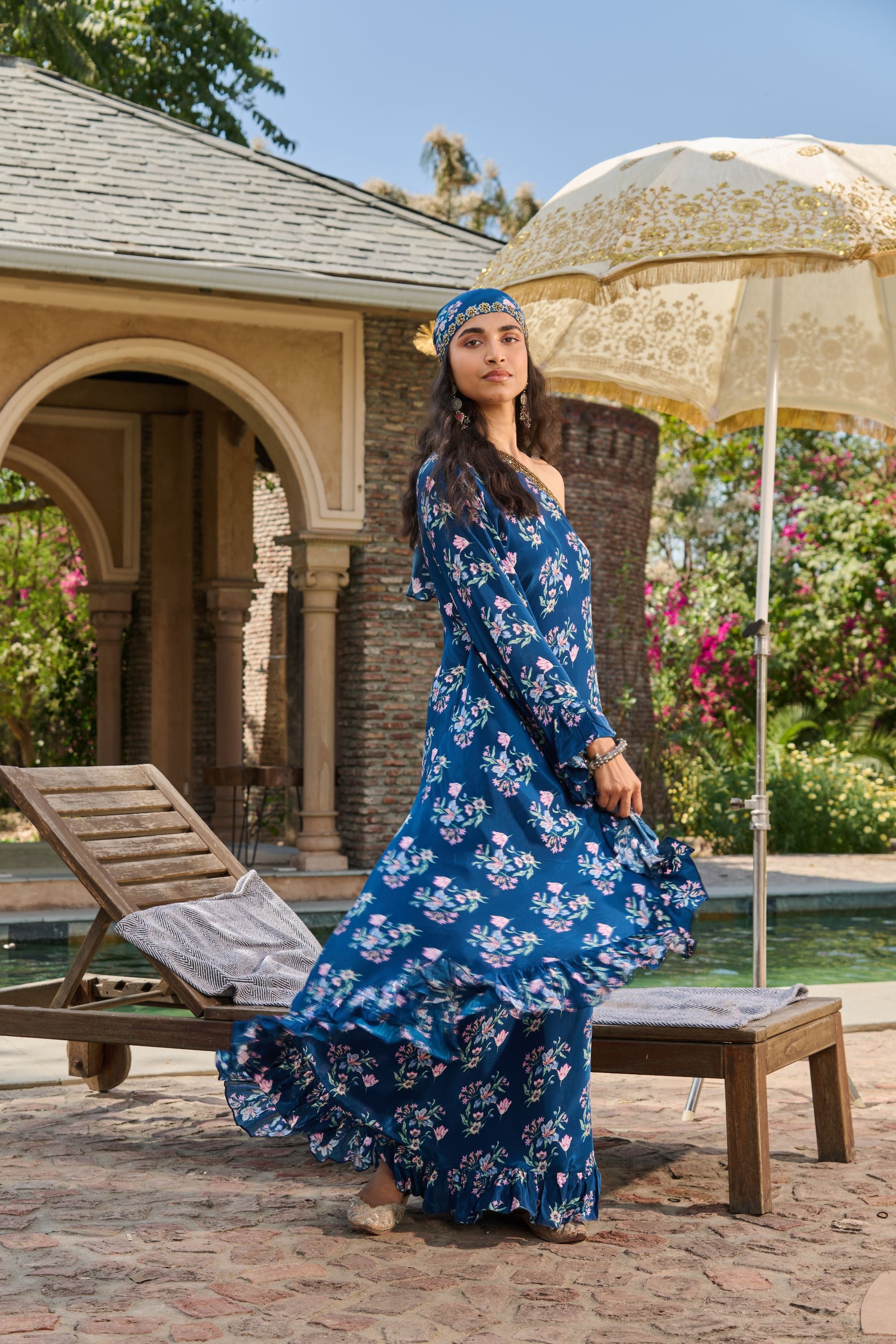 Hand Embelished Off Shoulder Printed Kaftan
