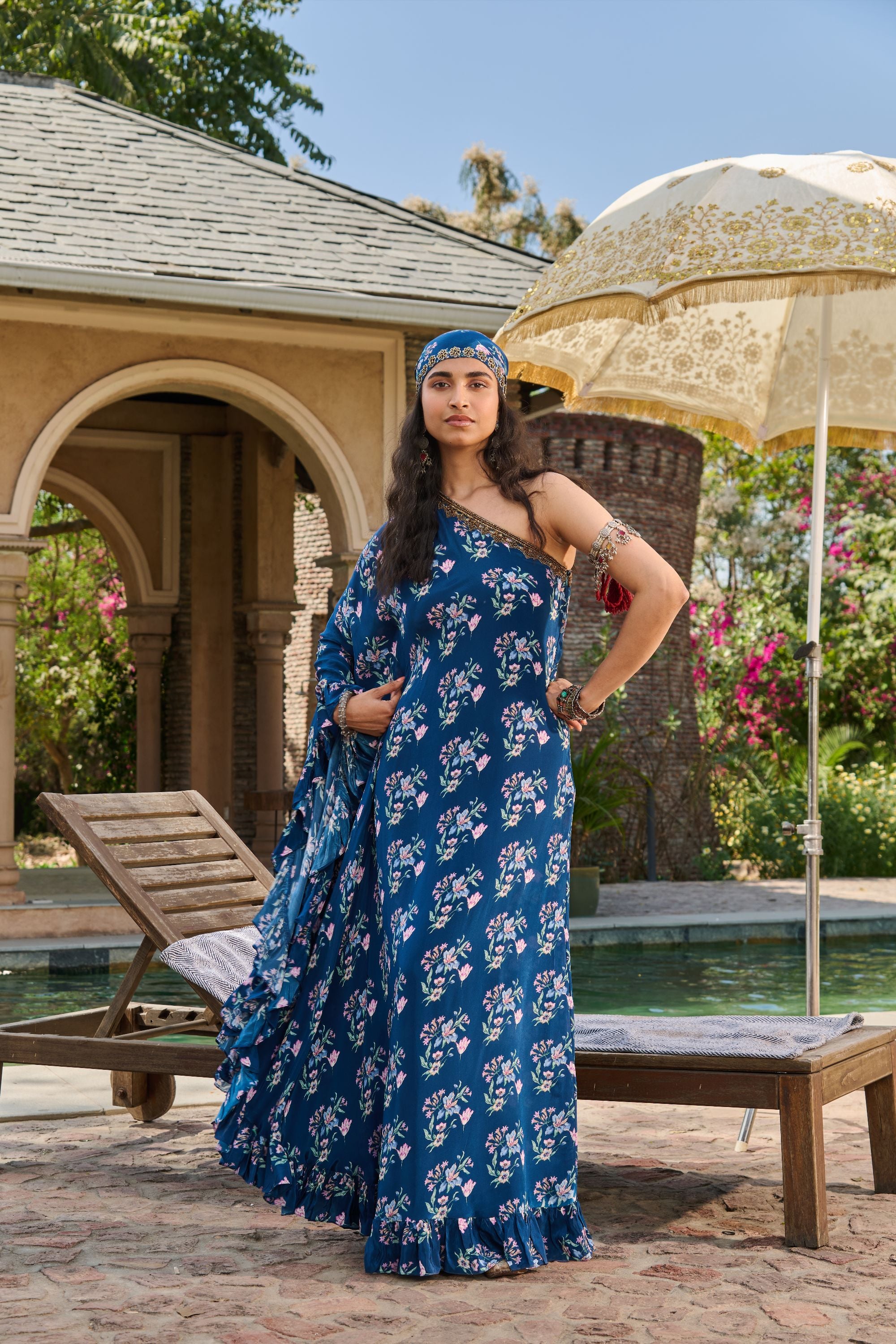 Hand Embelished Off Shoulder Printed Kaftan