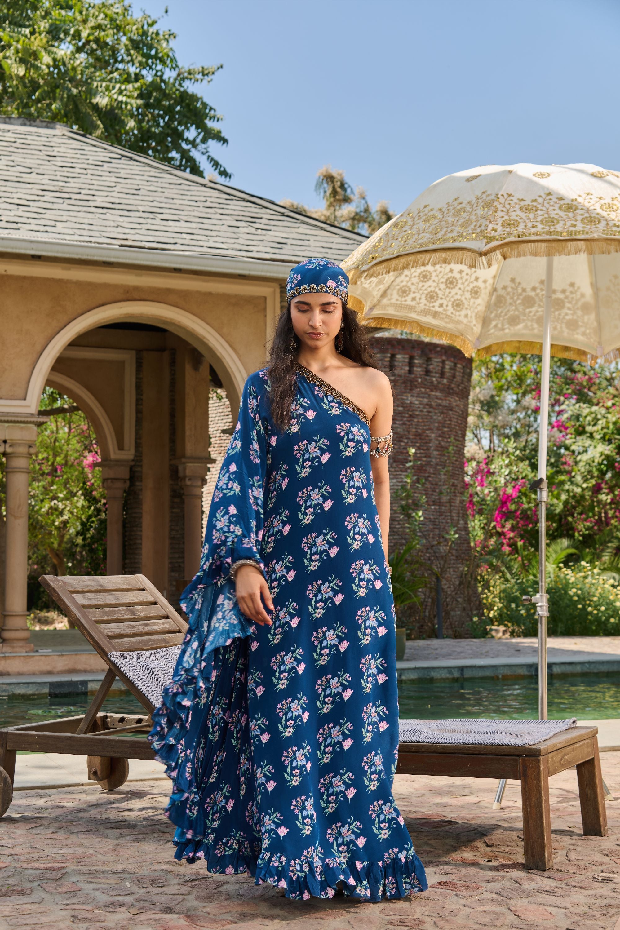 Hand Embelished Off Shoulder Printed Kaftan