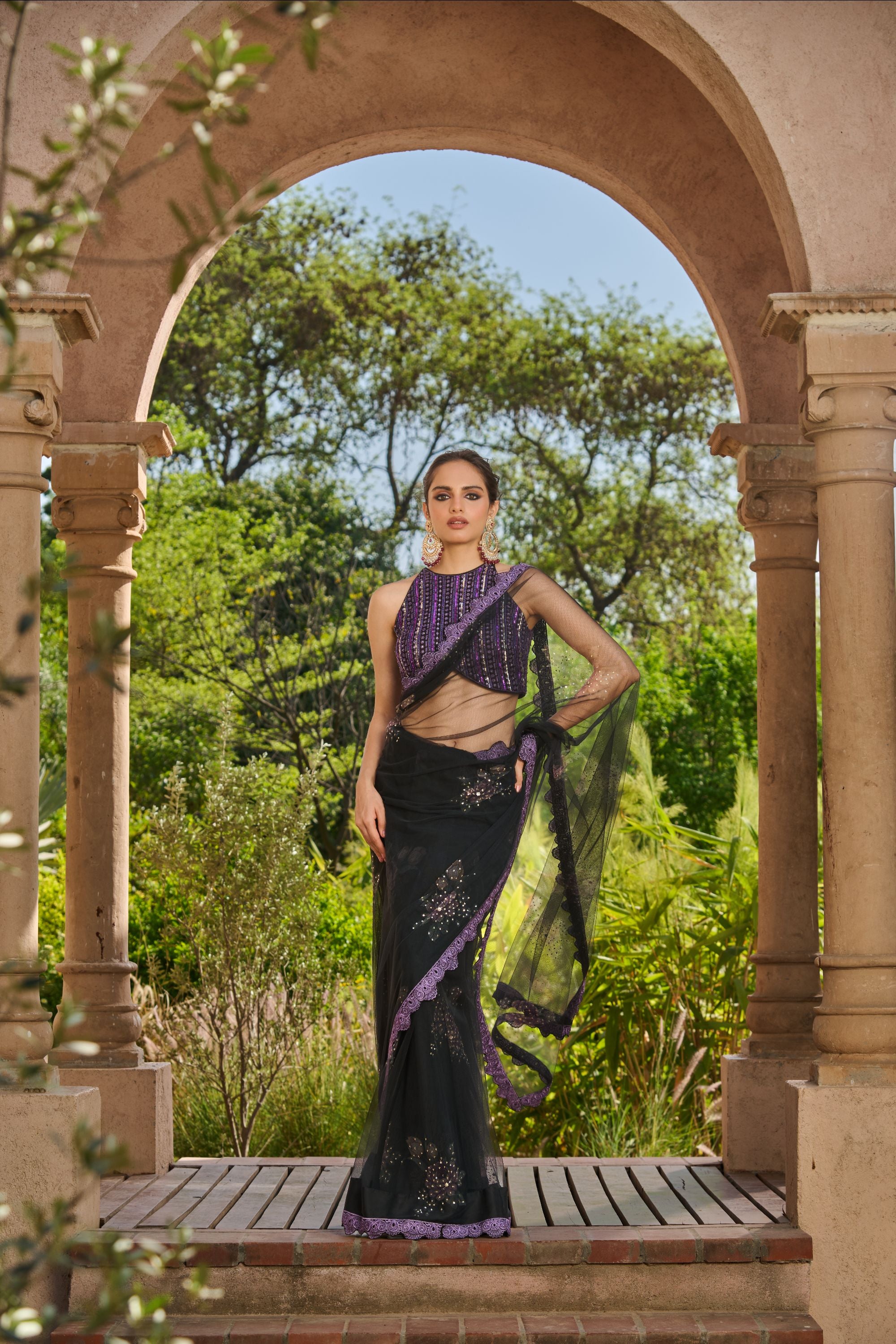 Hand Embroidered Blouse with Printed Embelished Saree and Petticoat